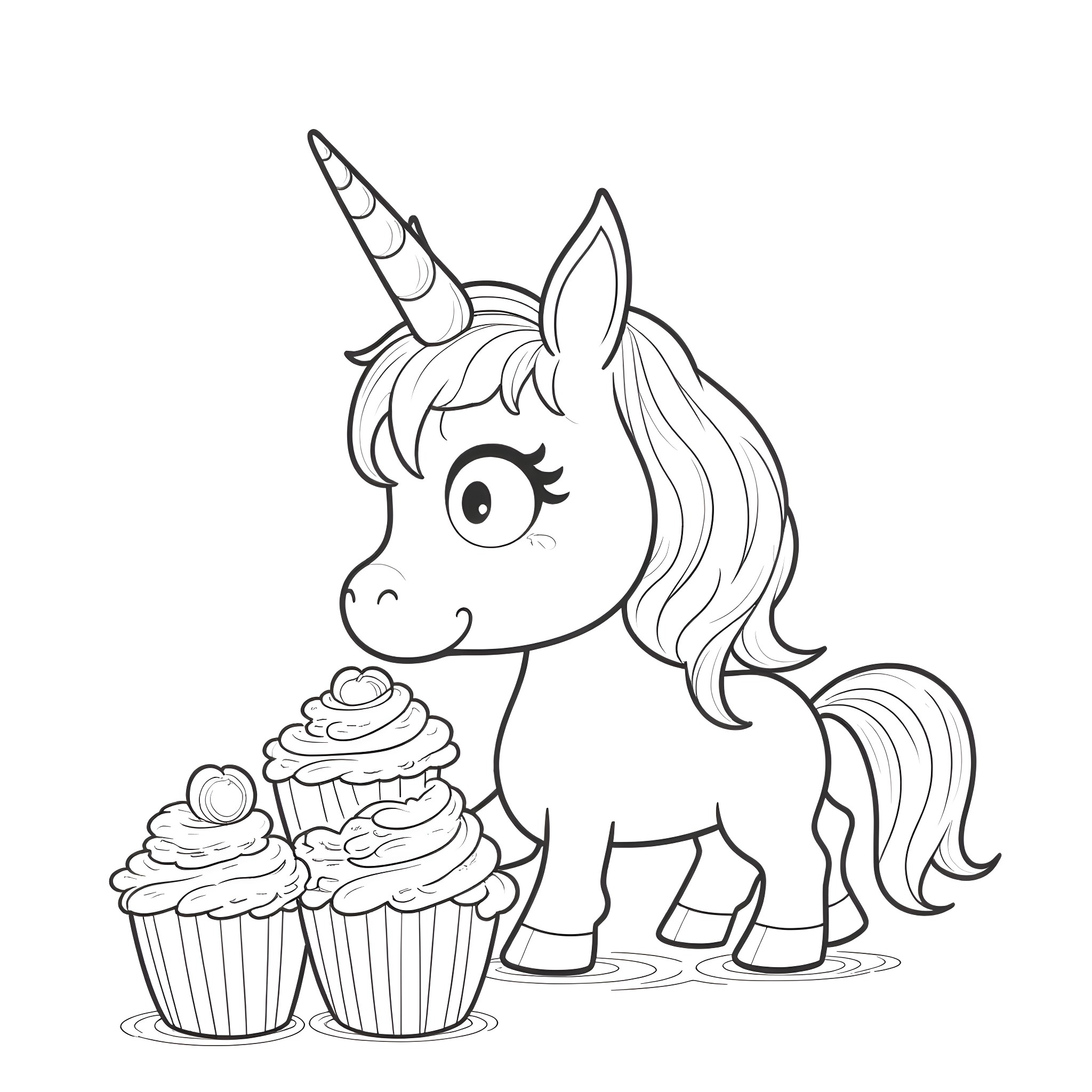 Unicorn with Cupcakes Coloring Page (free black-and-white line drawing printable PDF for all, from beginners to advanced learners, including children, teens, adults, and seniors)