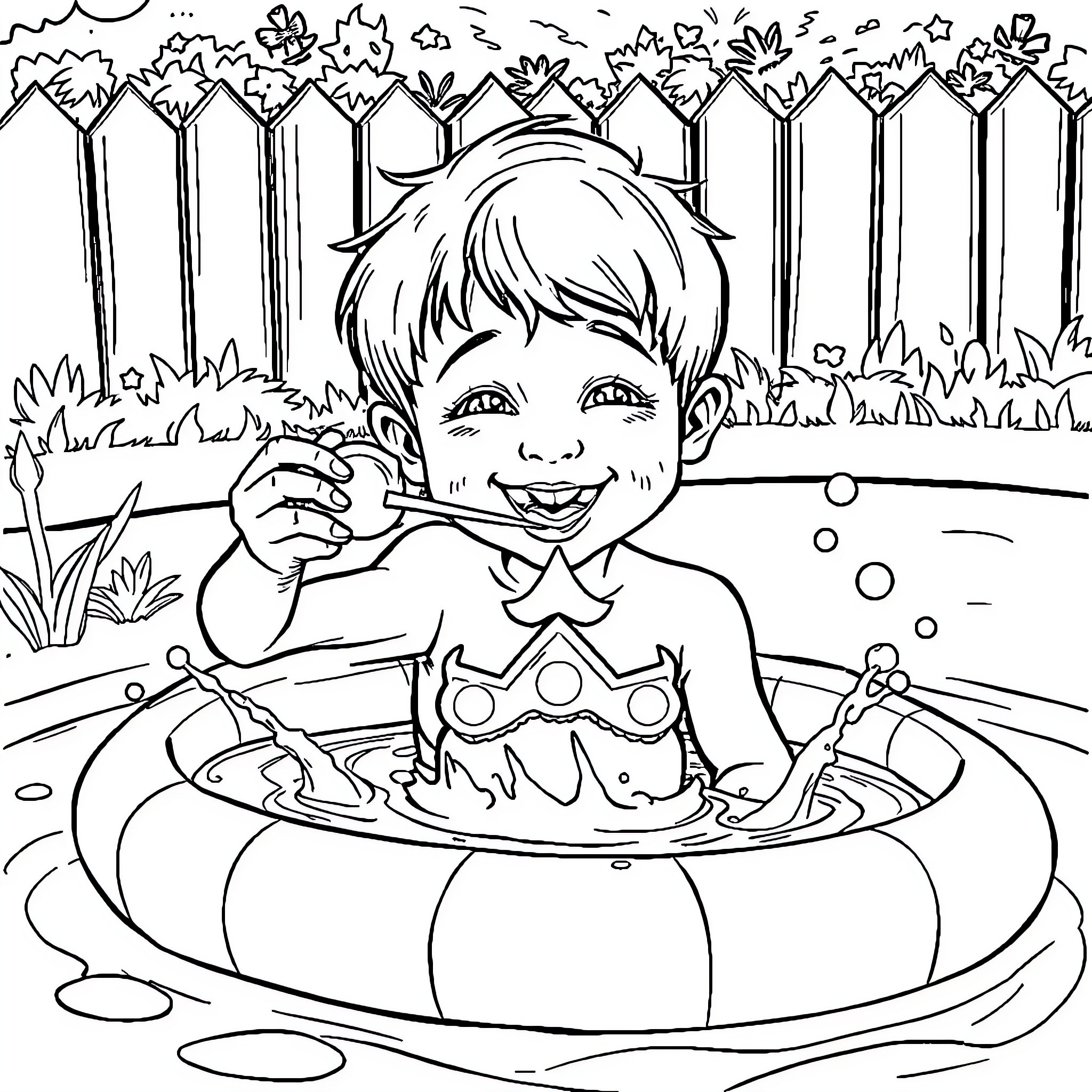 Boy enjoying splash in pool with inflatable toy Coloring Page (free black-and-white line drawing printable PDF for all, from beginners to advanced learners, including children, teens, adults, and seniors)