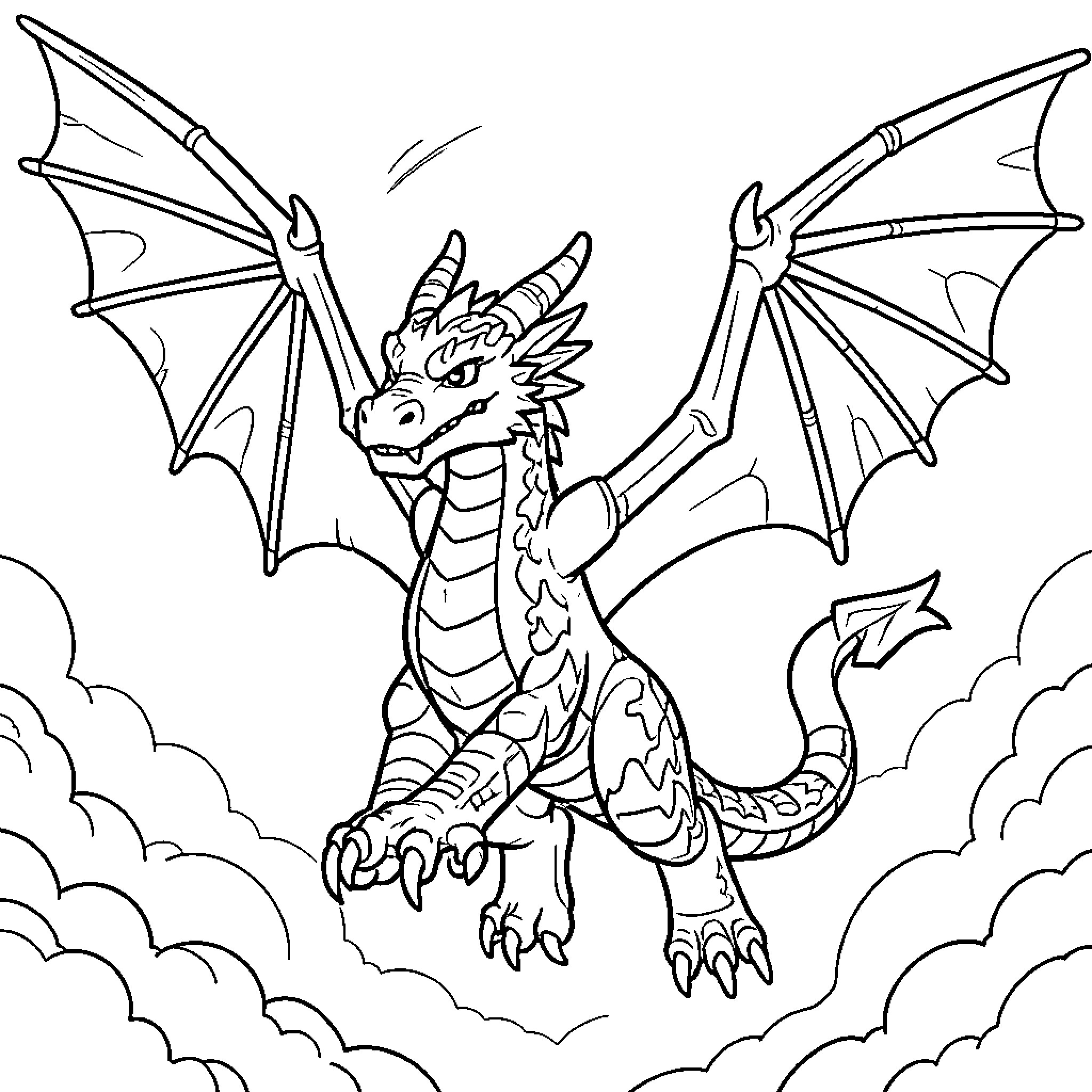 Dragon soaring majestically through the fluffy clouds Coloring Page (free black-and-white line drawing printable PDF for all, from beginners to advanced learners, including children, teens, adults, and seniors)