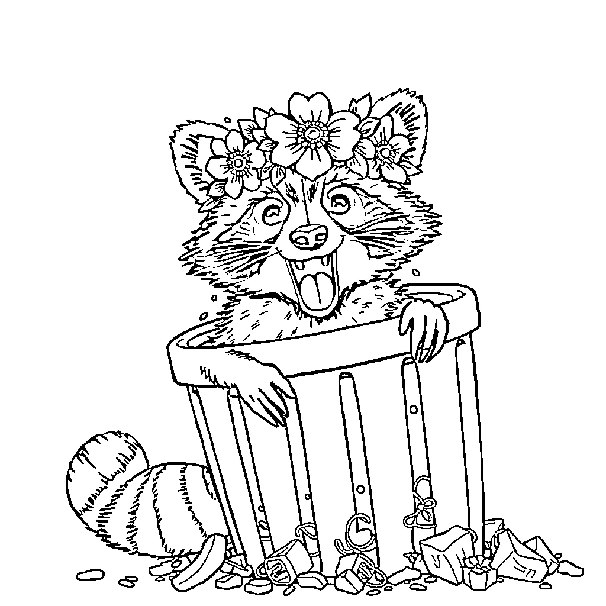 Raccoon surrounded by flowers in a basket Coloring Page (free black-and-white line drawing printable PDF for all, from beginners to advanced learners, including children, teens, adults, and seniors)