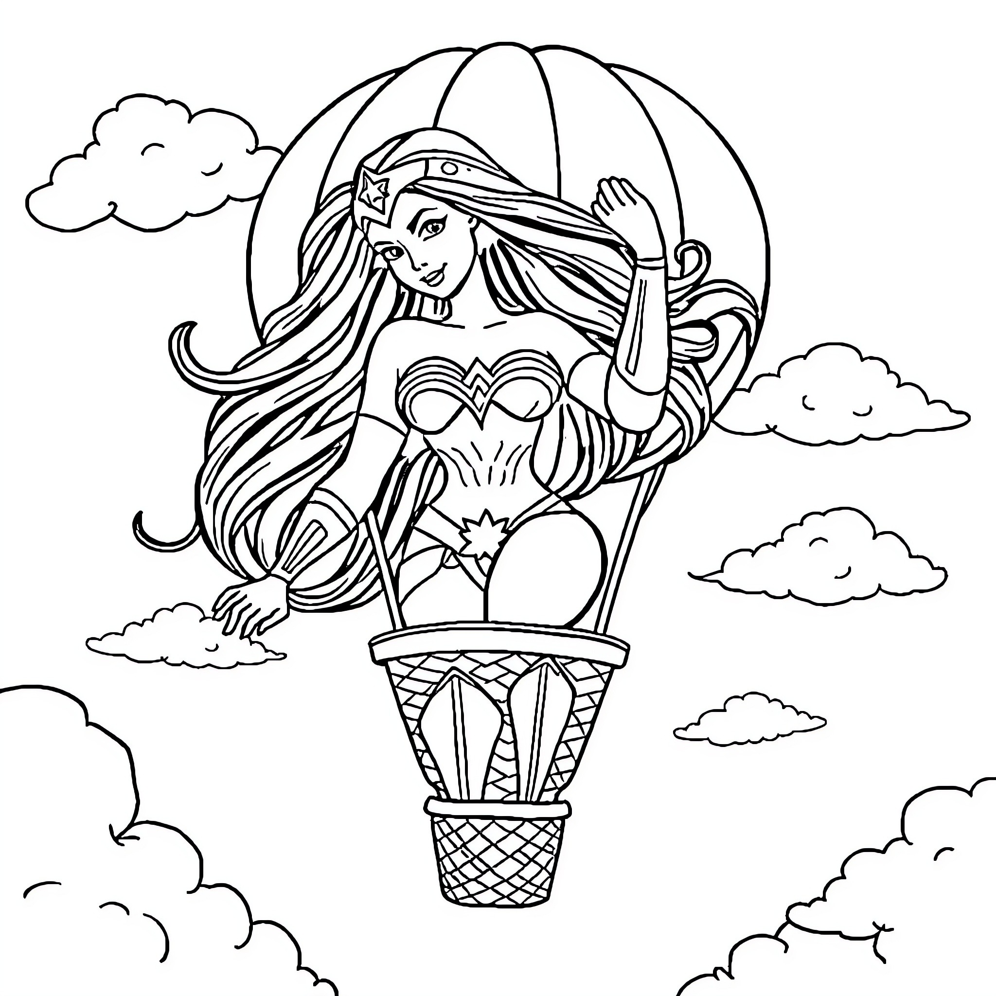 Wonder Woman soaring in hot air balloon adventure Coloring Page (free black-and-white line drawing printable PDF for all, from beginners to advanced learners, including children, teens, adults, and seniors)