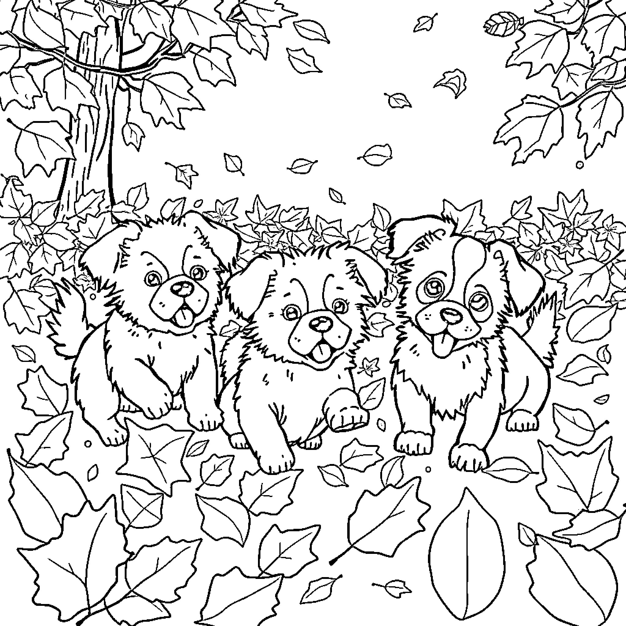 Dog trio playing in autumn leaves Coloring Page (free black-and-white line drawing printable PDF for all, from beginners to advanced learners, including children, teens, adults, and seniors)
