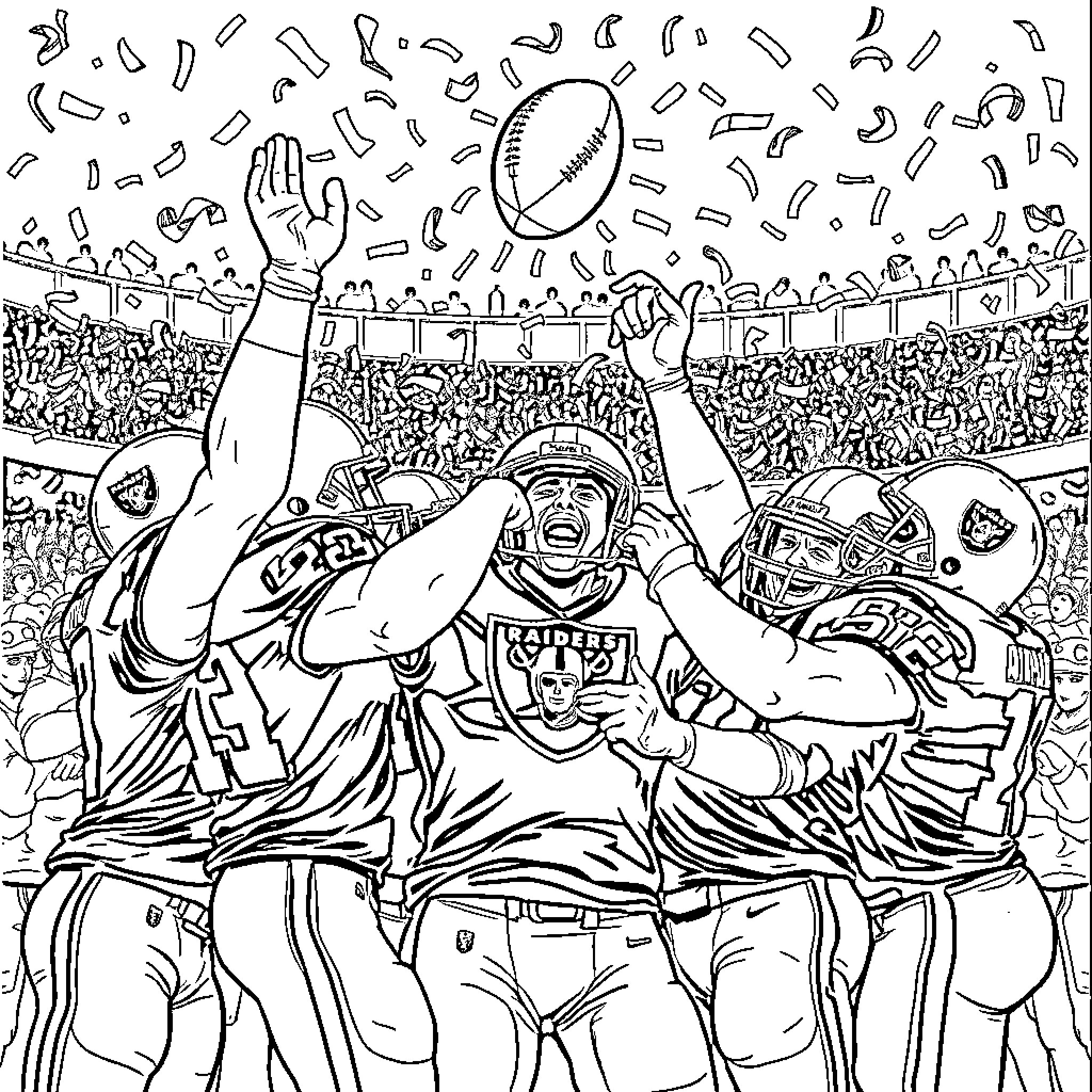 Raider Celebrating Victory with Teammates Coloring Page (free black-and-white line drawing printable PDF for all, from beginners to advanced learners, including children, teens, adults, and seniors)
