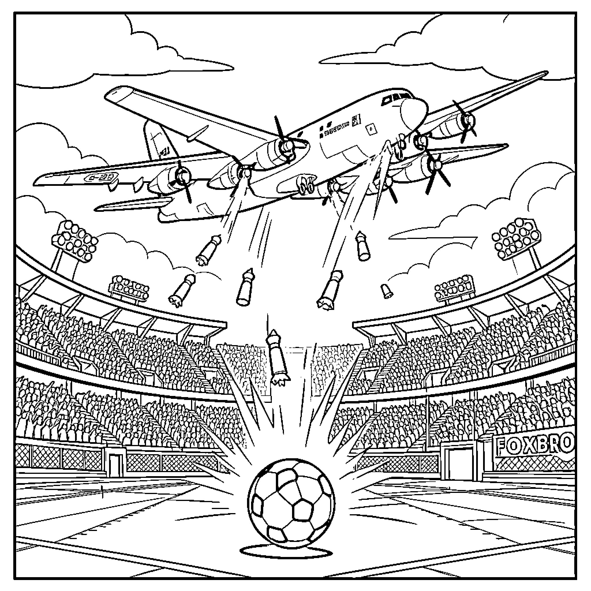 B-22 airplane dropping objects over a stadium Coloring Page (free black-and-white line drawing printable PDF for all, from beginners to advanced learners, including children, teens, adults, and seniors)