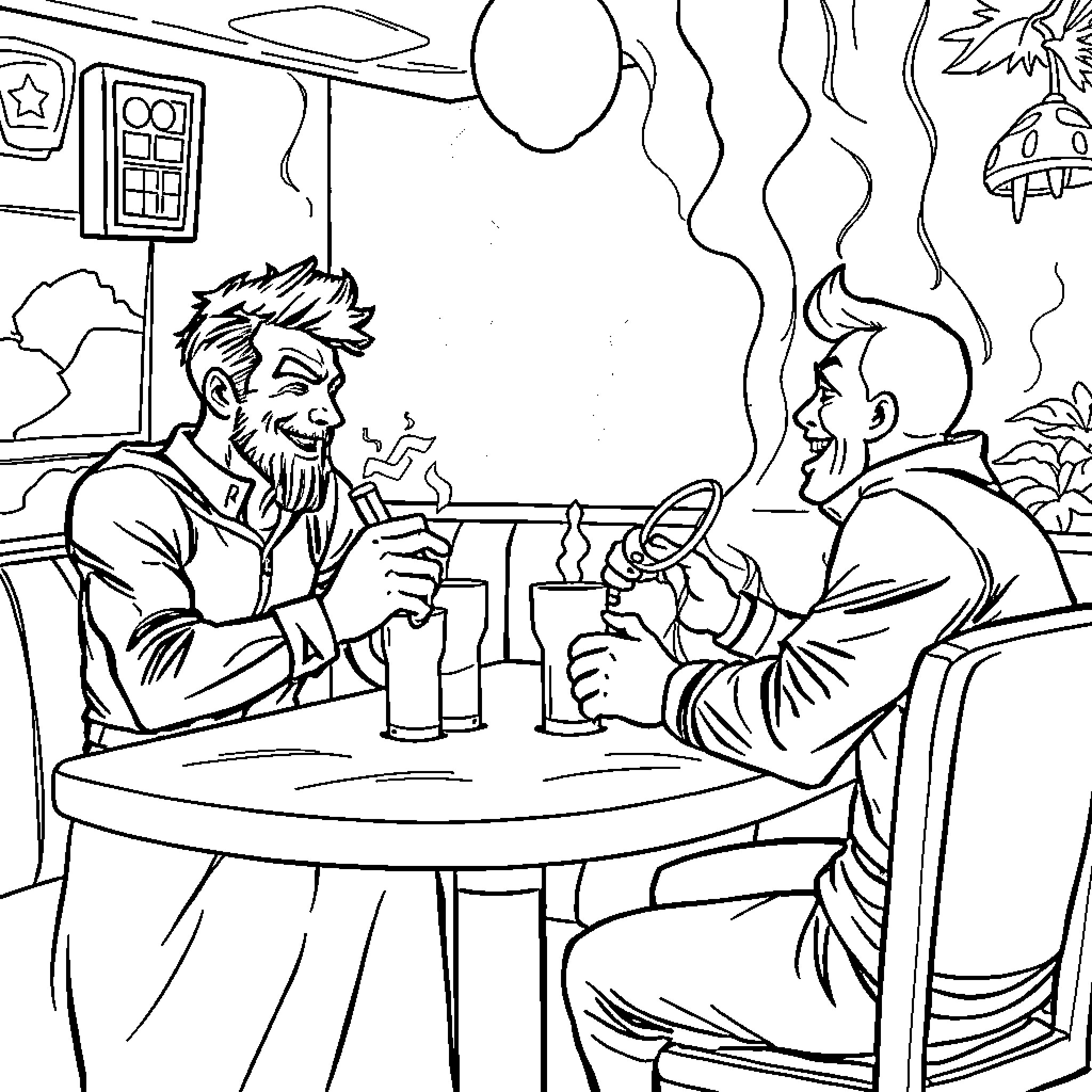 Macho Guys Enjoying Drinks and Conversation Coloring Page (free black-and-white line drawing printable PDF for all, from beginners to advanced learners, including children, teens, adults, and seniors)
