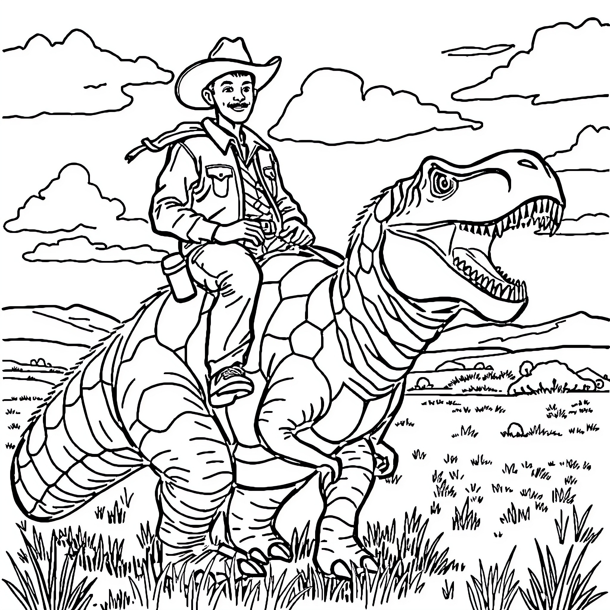 Cowboy riding a dinosaur in the wild Coloring Page (free black-and-white line drawing printable PDF for all, from beginners to advanced learners, including children, teens, adults, and seniors)