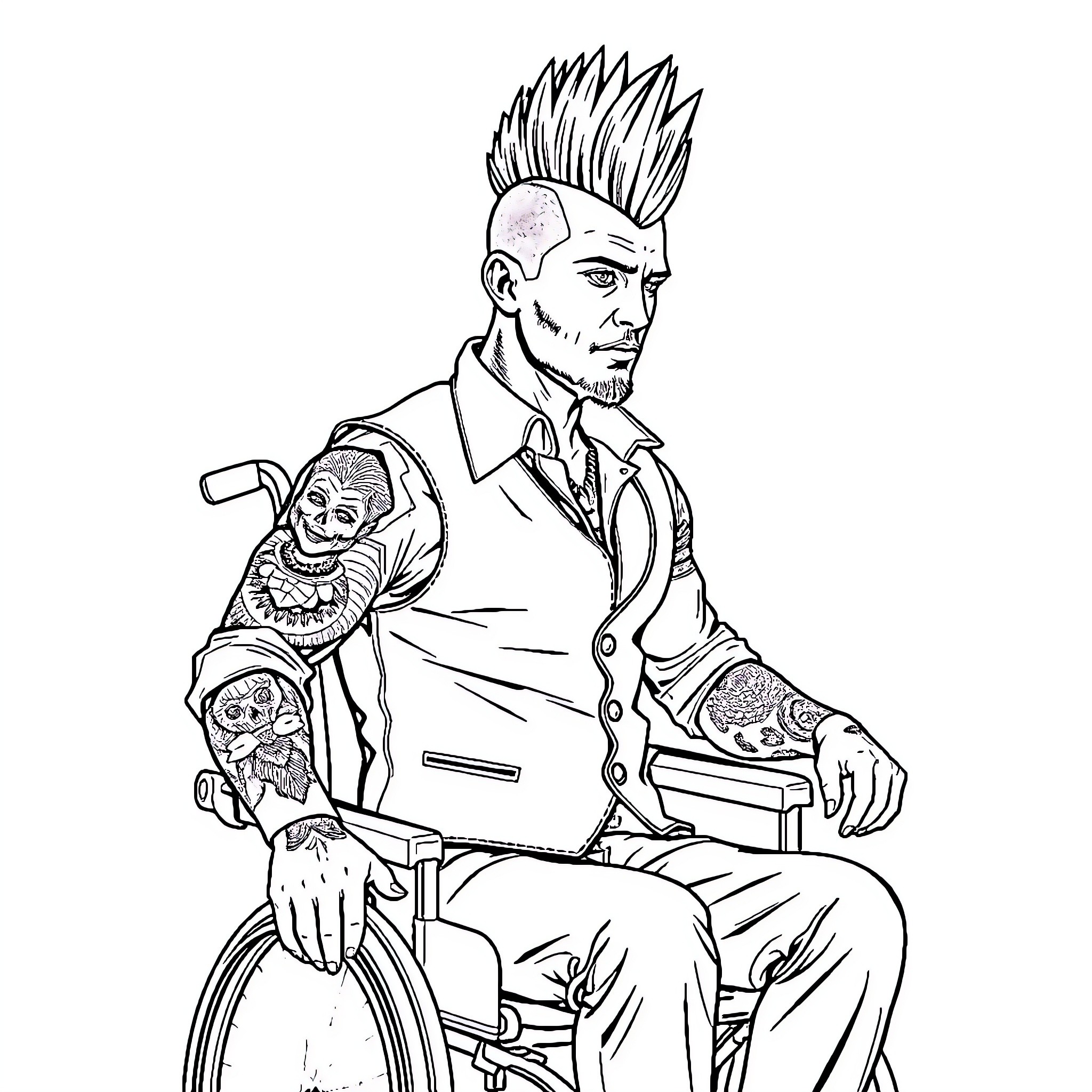 Male character with punk-style haircut and tattoos in wheelchair Coloring Page (free black-and-white line drawing printable PDF for all, from beginners to advanced learners, including children, teens, adults, and seniors)