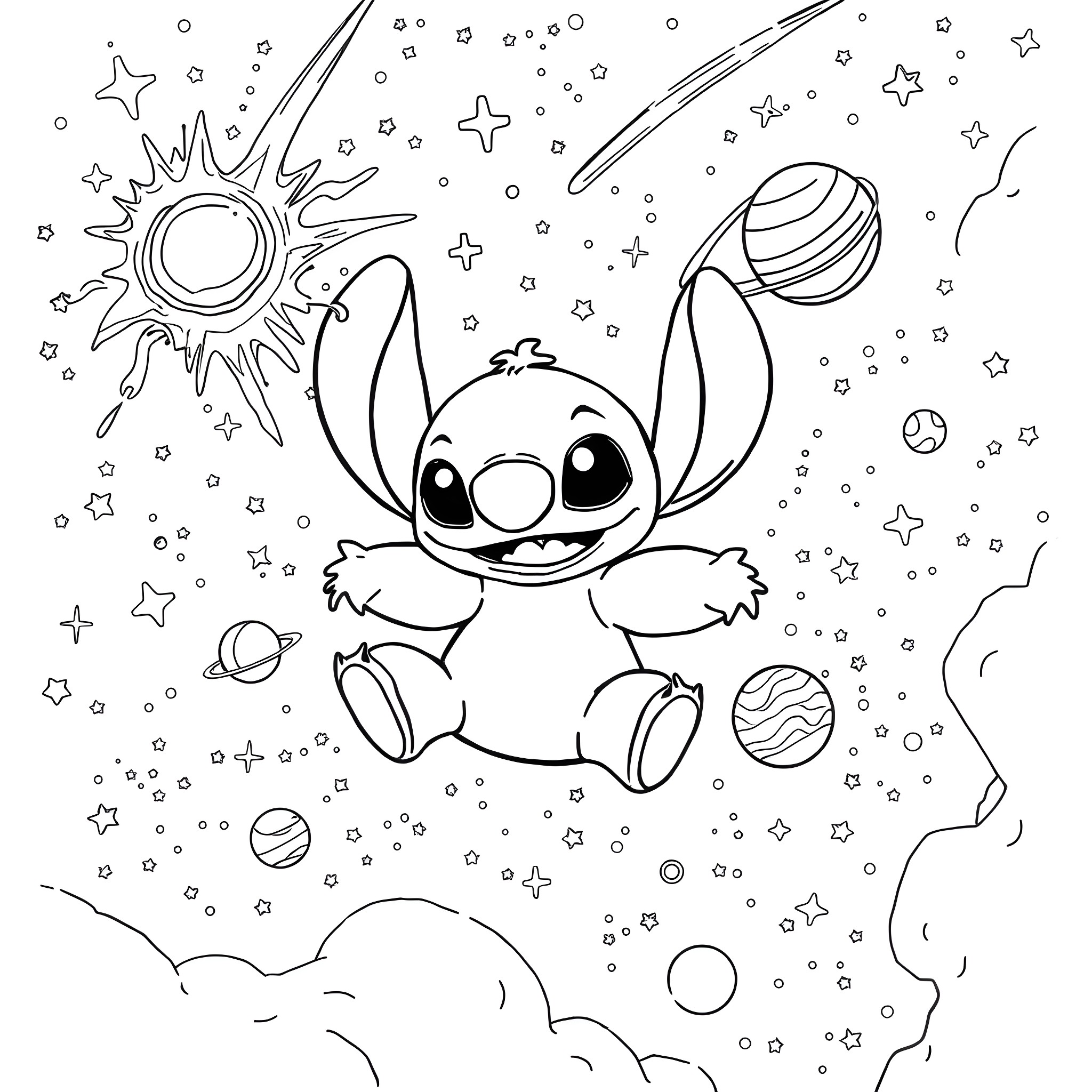 Stitch exploring the magical universe Coloring Page (free black-and-white line drawing printable PDF for all, from beginners to advanced learners, including children, teens, adults, and seniors)