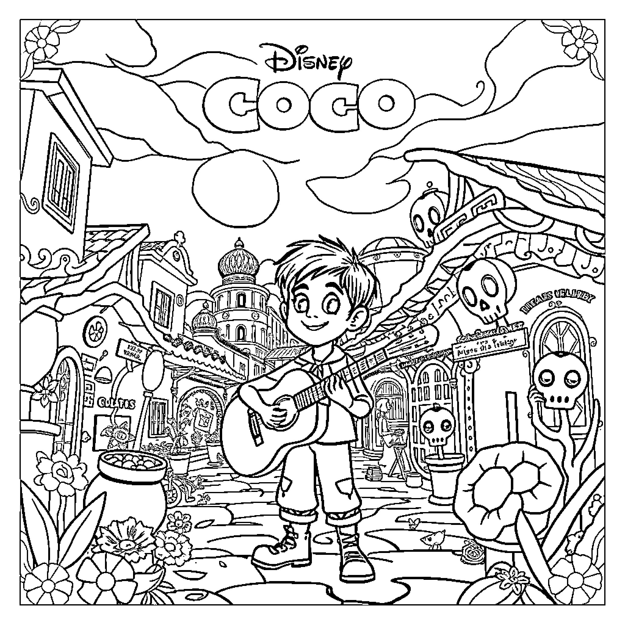 Coco boy playing guitar in colorful Mexican town Coloring Page (free black-and-white line drawing printable PDF for all, from beginners to advanced learners, including children, teens, adults, and seniors)