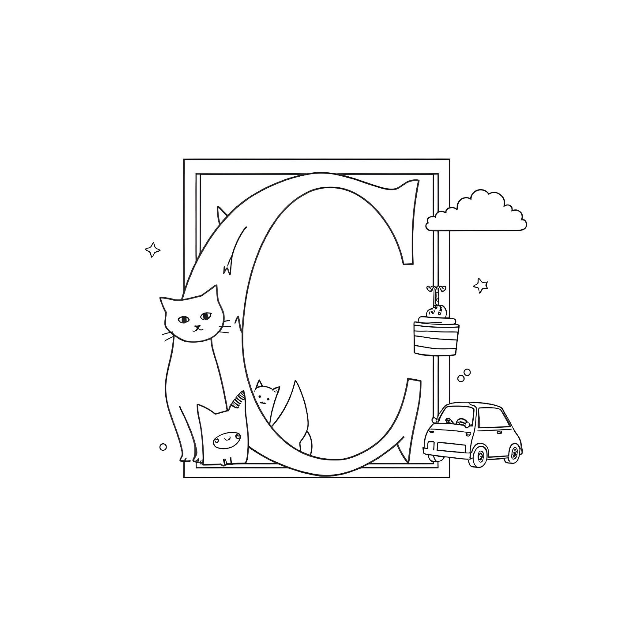 Letter C with Playful Cats and Vehicles Coloring Page (free black-and-white line drawing printable PDF for all, from beginners to advanced learners, including children, teens, adults, and seniors)