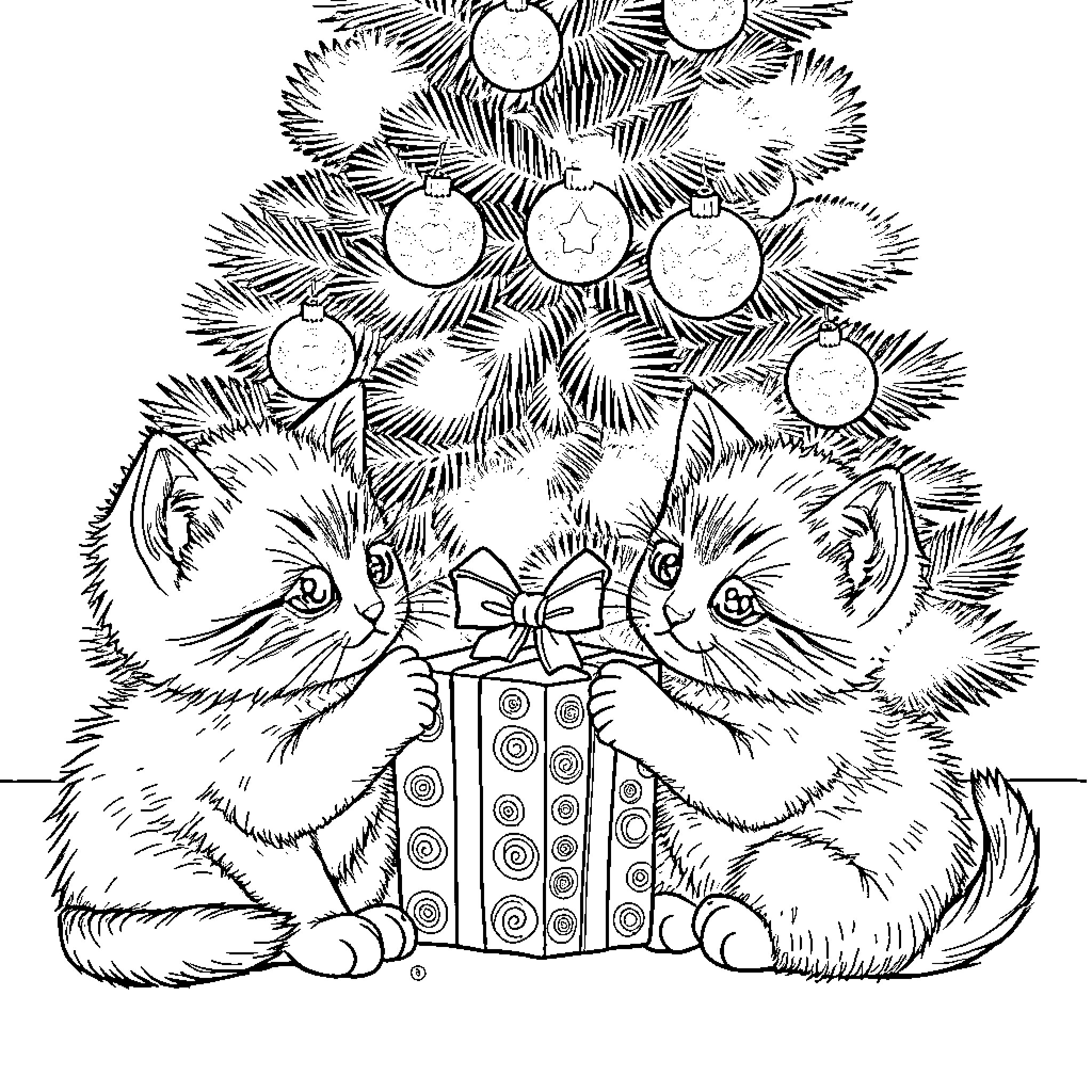 Kittens Playing with Christmas Presents Coloring Page (free black-and-white line drawing printable PDF for all, from beginners to advanced learners, including children, teens, adults, and seniors)