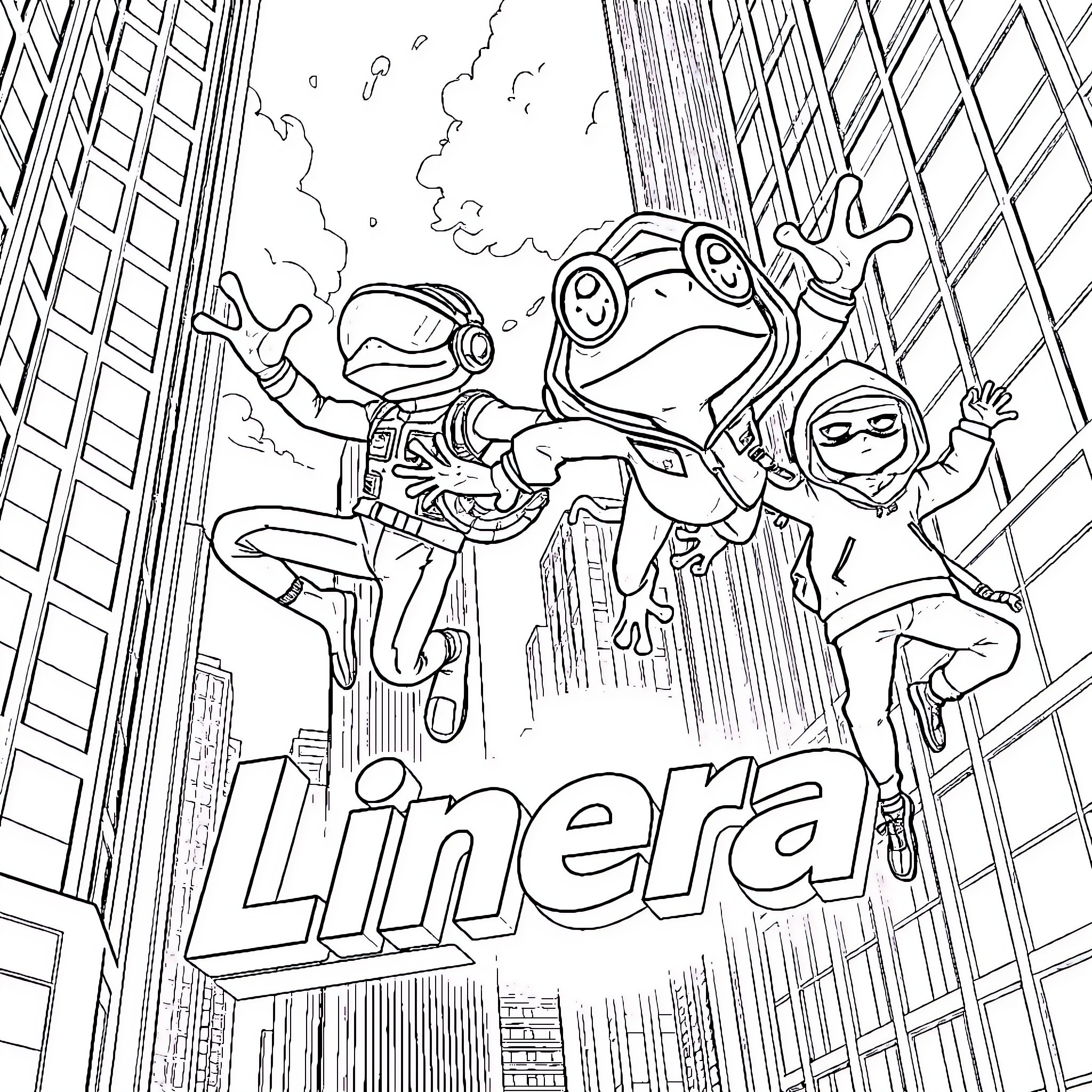 Pepe Frog characters in action-packed city scene Coloring Page (free black-and-white line drawing printable PDF for all, from beginners to advanced learners, including children, teens, adults, and seniors)