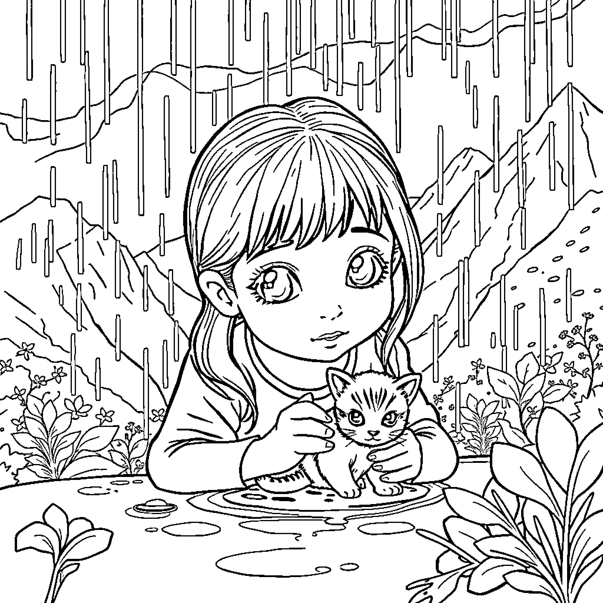Girl Comforting Kitten During Rainy Day Coloring Page (free black-and-white line drawing printable PDF for all, from beginners to advanced learners, including children, teens, adults, and seniors)