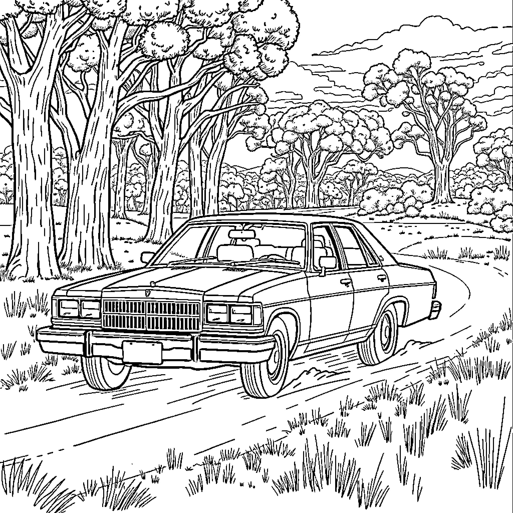 Bluey's classic car adventure in the forest Coloring Page (free black-and-white line drawing printable PDF for all, from beginners to advanced learners, including children, teens, adults, and seniors)