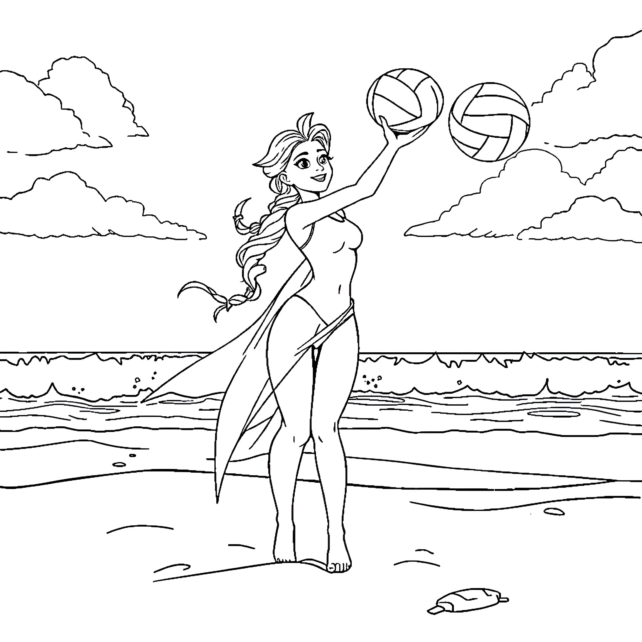 Elsa playing volleyball on the beach Coloring Page (free black-and-white line drawing printable PDF for all, from beginners to advanced learners, including children, teens, adults, and seniors)