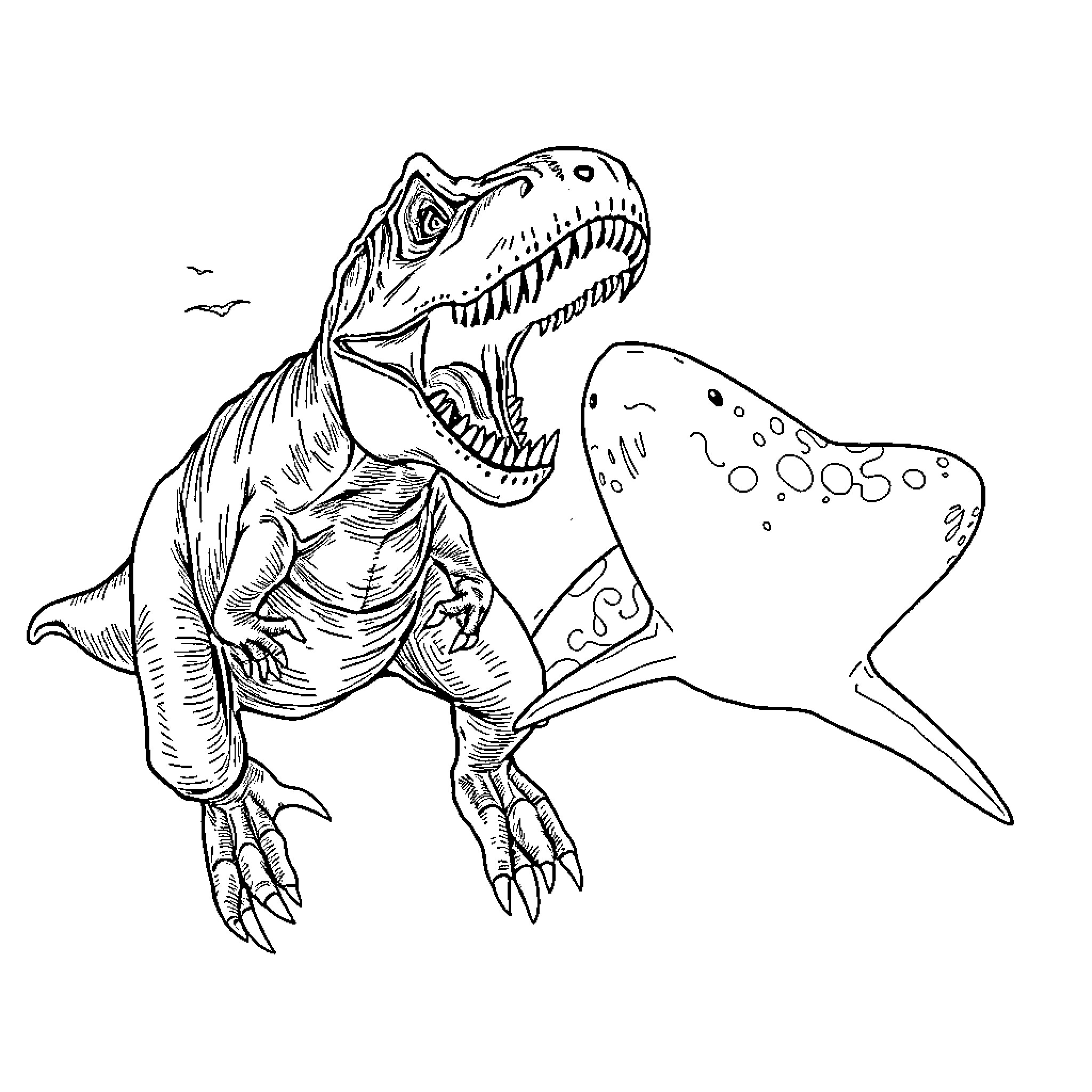 Tyrannosaurus chasing ferocious predator Coloring Page (free black-and-white line drawing printable PDF for all, from beginners to advanced learners, including children, teens, adults, and seniors)