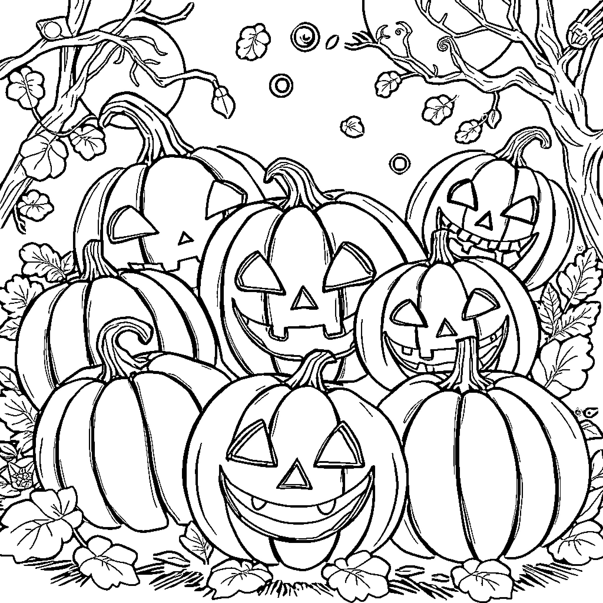 Pumpkins with Carved Faces in Autumn Scene Coloring Page (free black-and-white line drawing printable PDF for all, from beginners to advanced learners, including children, teens, adults, and seniors)
