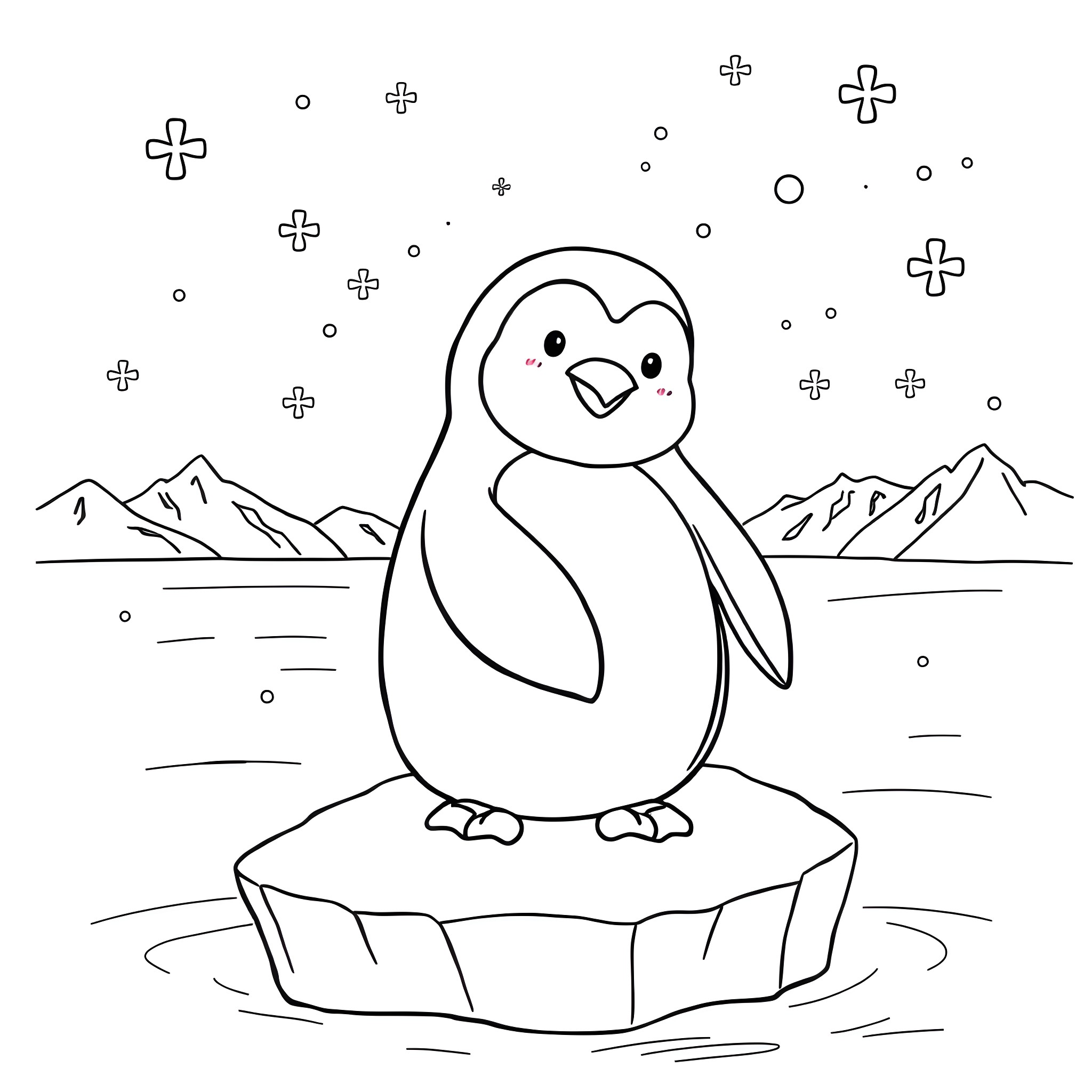 Penguin standing on an iceberg with snowflakes Coloring Page (free black-and-white line drawing printable PDF for all, from beginners to advanced learners, including children, teens, adults, and seniors)