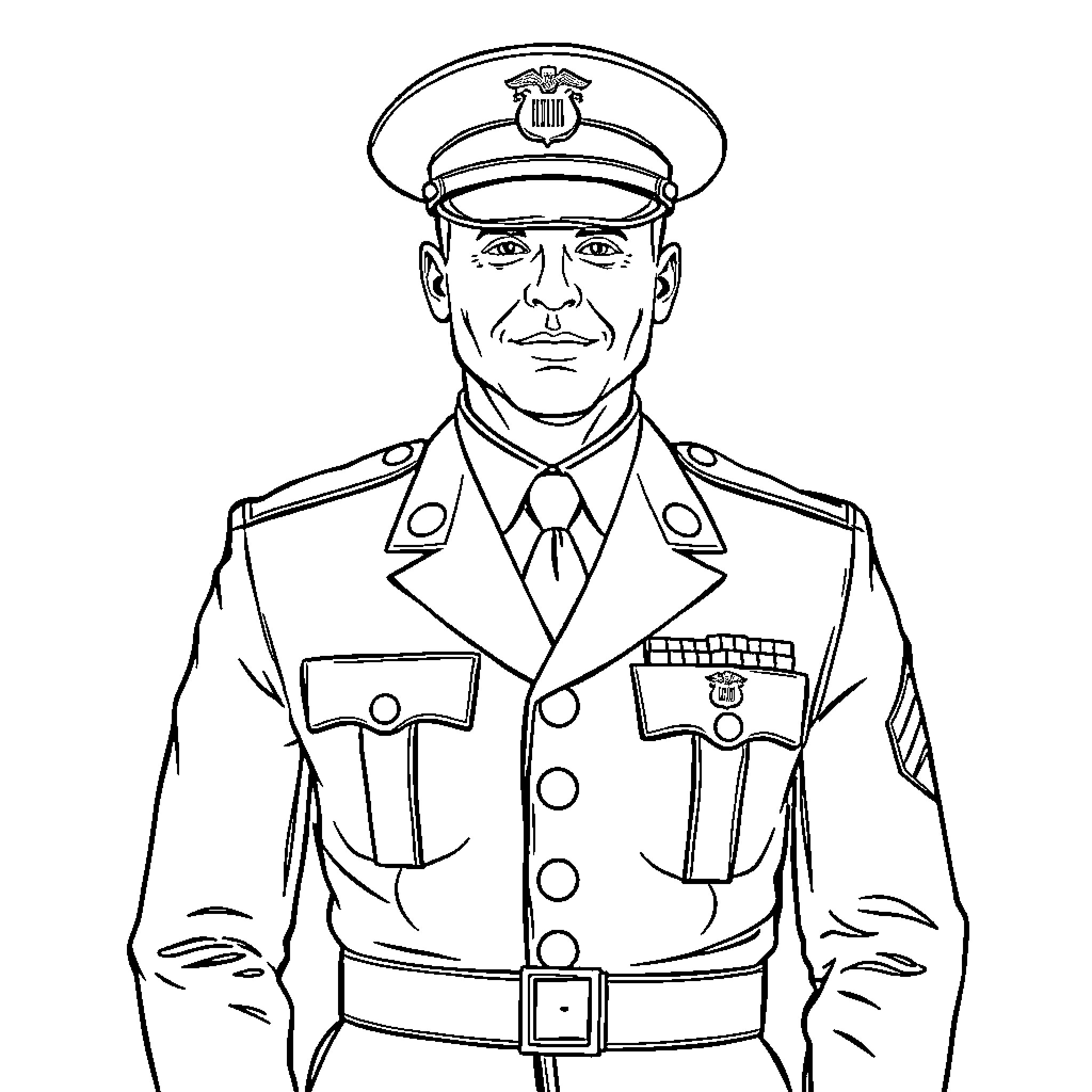 Marine officer in formal military uniform Coloring Page (free black-and-white line drawing printable PDF for all, from beginners to advanced learners, including children, teens, adults, and seniors)