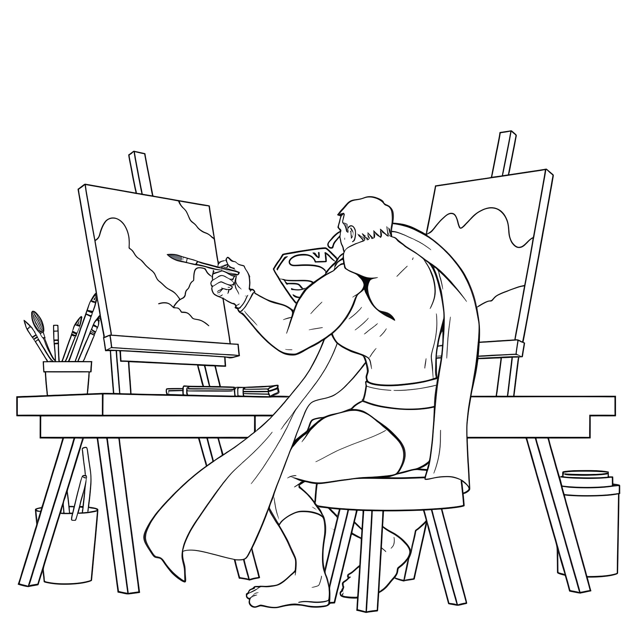 Superman creating artwork in his studio Coloring Page (free black-and-white line drawing printable PDF for all, from beginners to advanced learners, including children, teens, adults, and seniors)