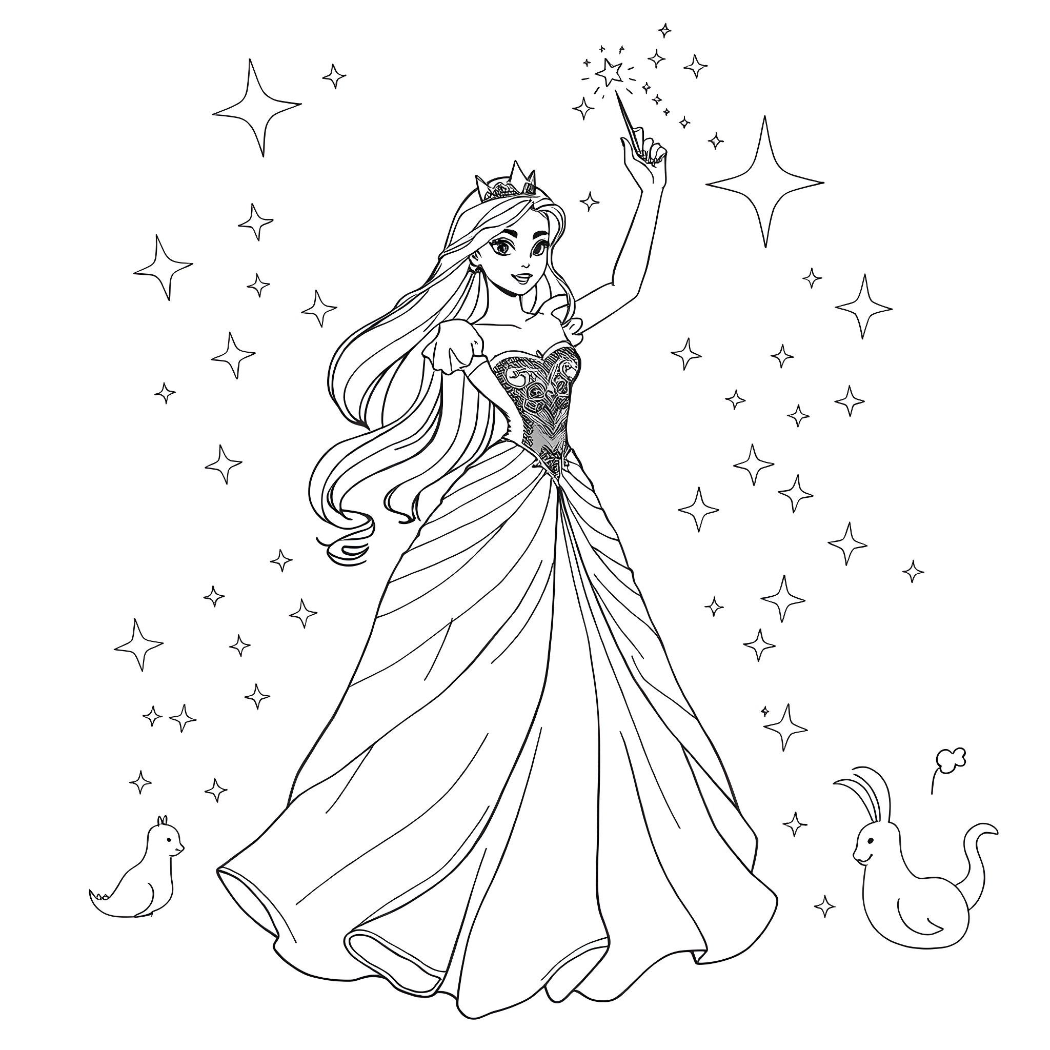 Princess in a Sparkling Gown Amid Twinkling Stars Coloring Page (free black-and-white line drawing printable PDF for all, from beginners to advanced learners, including children, teens, adults, and seniors)