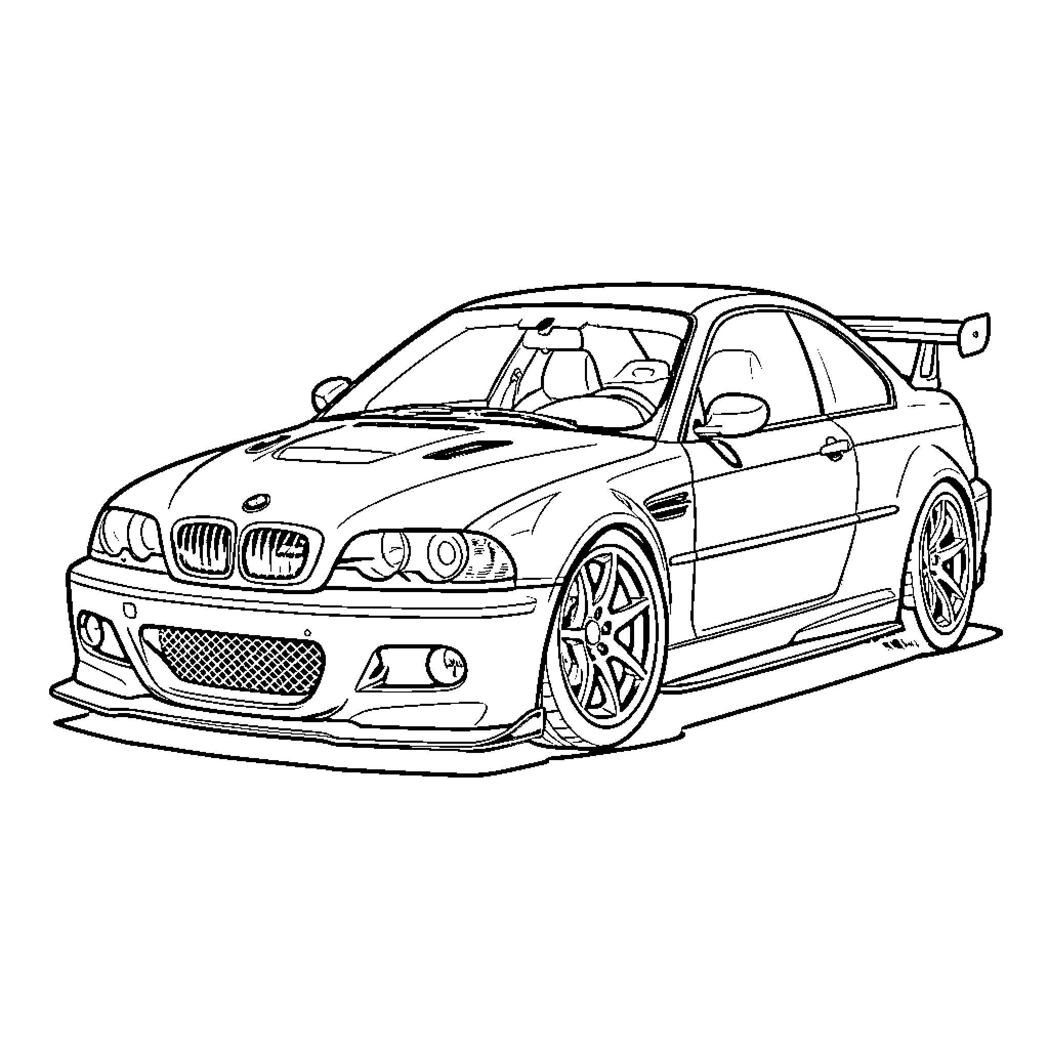 BMW High-Performance Sports Car in Racing Stance Coloring Page (free black-and-white line drawing printable PDF for all, from beginners to advanced learners, including children, teens, adults, and seniors)