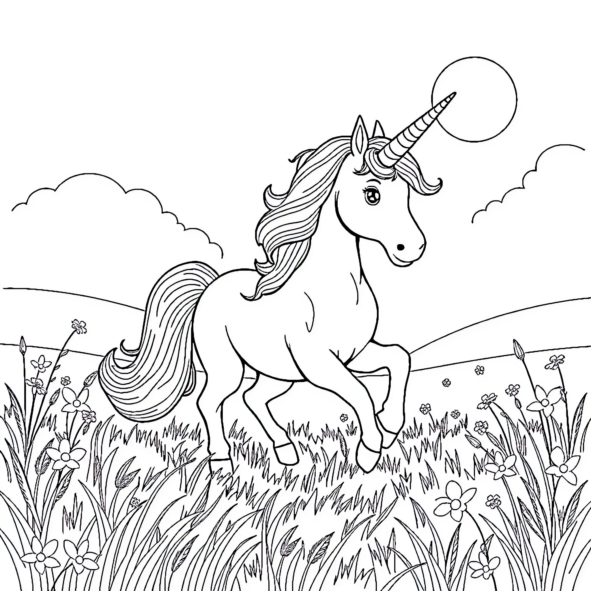 Unicorn Frolicking in a Magical Meadow Coloring Page (free black-and-white line drawing printable PDF for all, from beginners to advanced learners, including children, teens, adults, and seniors)