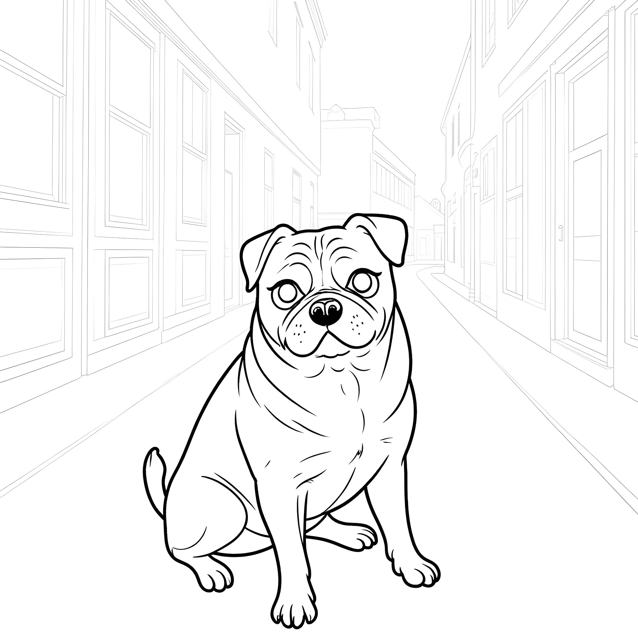 Pug exploring a hallway Coloring Page (free black-and-white line drawing printable PDF for all, from beginners to advanced learners, including children, teens, adults, and seniors)