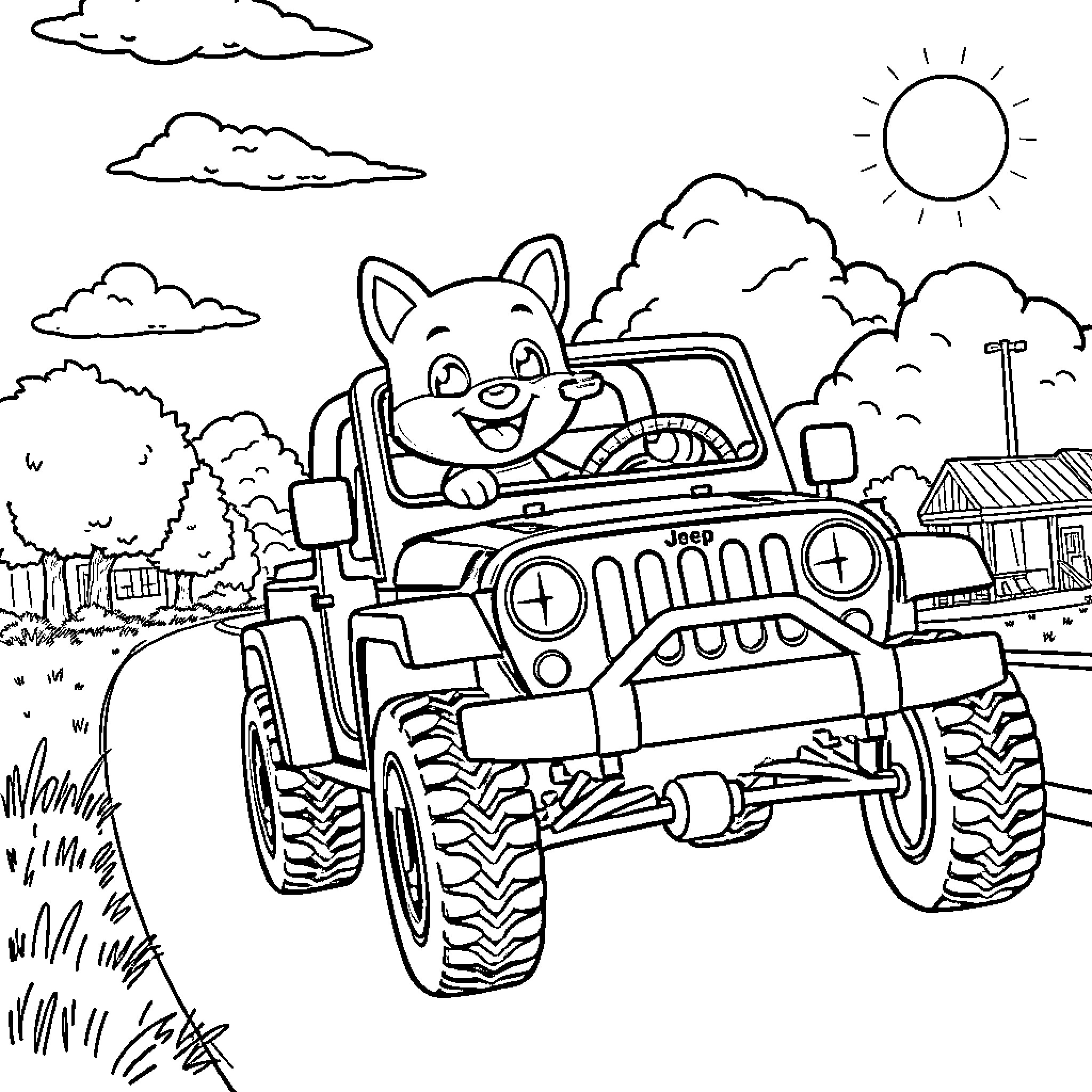 Bluey driving a rugged Jeep through the countryside Coloring Page (free black-and-white line drawing printable PDF for all, from beginners to advanced learners, including children, teens, adults, and seniors)