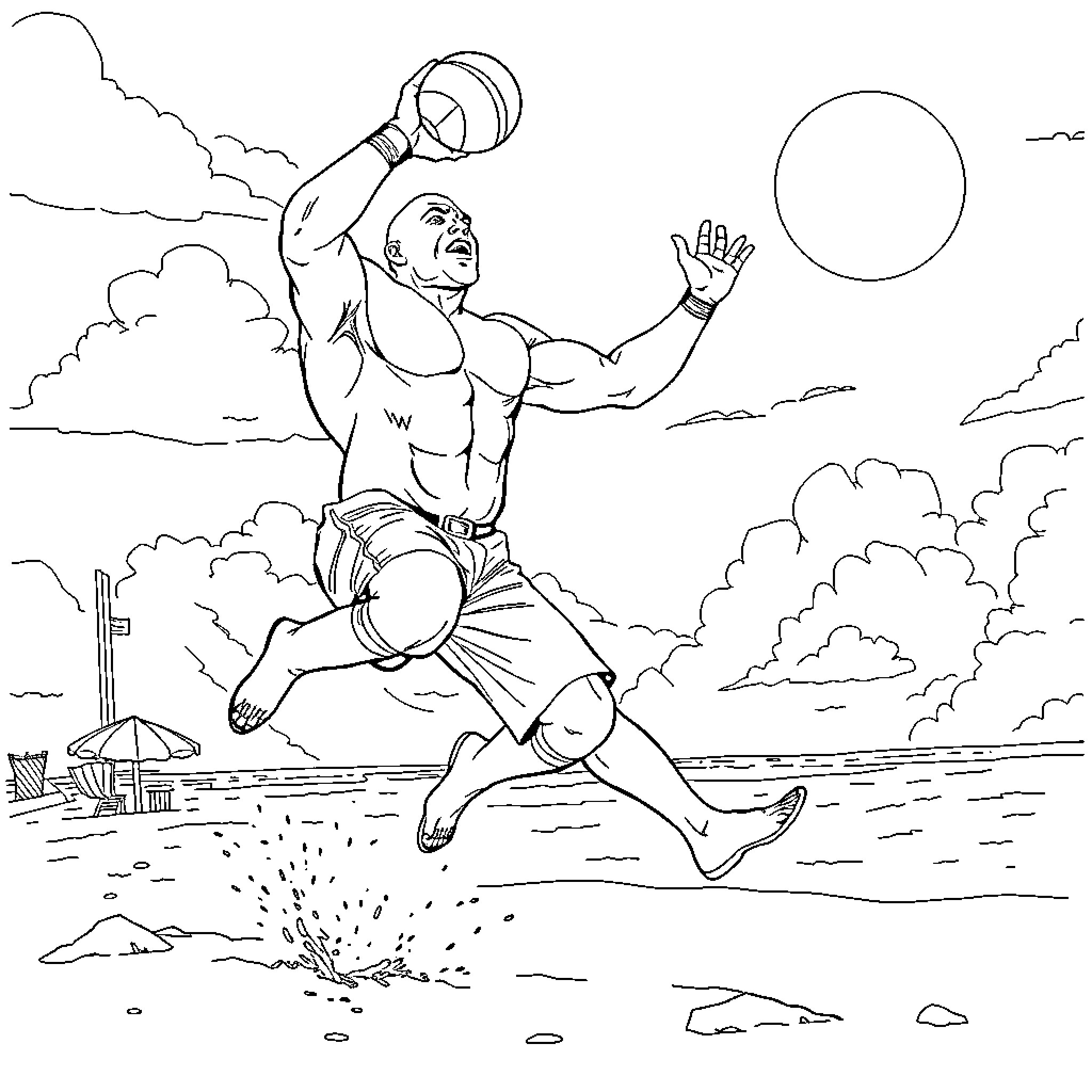 Rock Athlete Jumping Triumphantly in Clouds Coloring Page (free black-and-white line drawing printable PDF for all, from beginners to advanced learners, including children, teens, adults, and seniors)