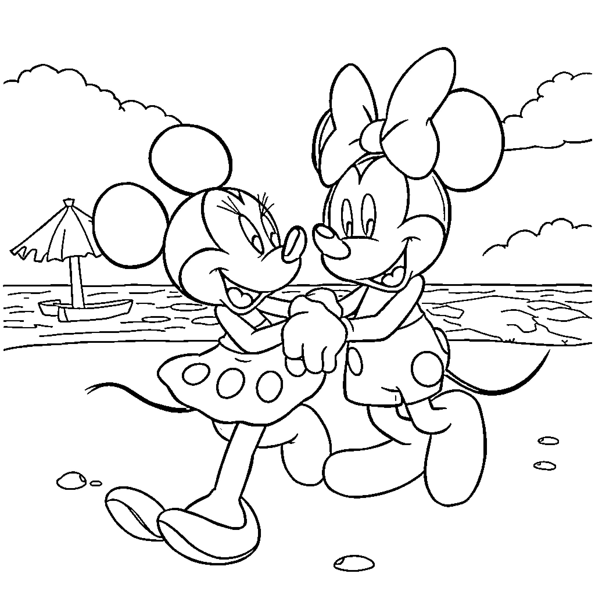 Minnie and Mickey enjoying a day at the beach Coloring Page (free black-and-white line drawing printable PDF for all, from beginners to advanced learners, including children, teens, adults, and seniors)