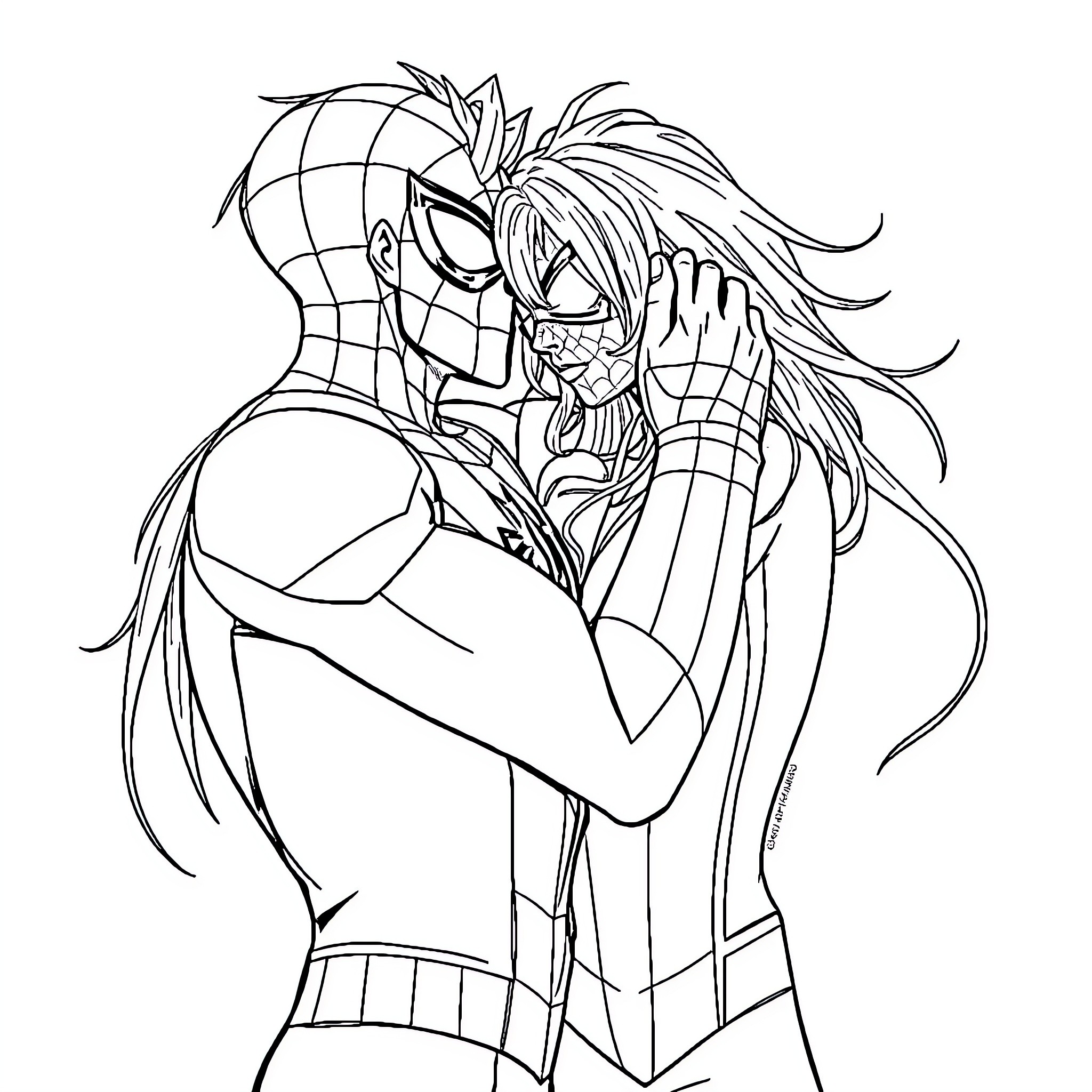Spiderman battling fierce villain in dramatic pose Coloring Page (free black-and-white line drawing printable PDF for all, from beginners to advanced learners, including children, teens, adults, and seniors)