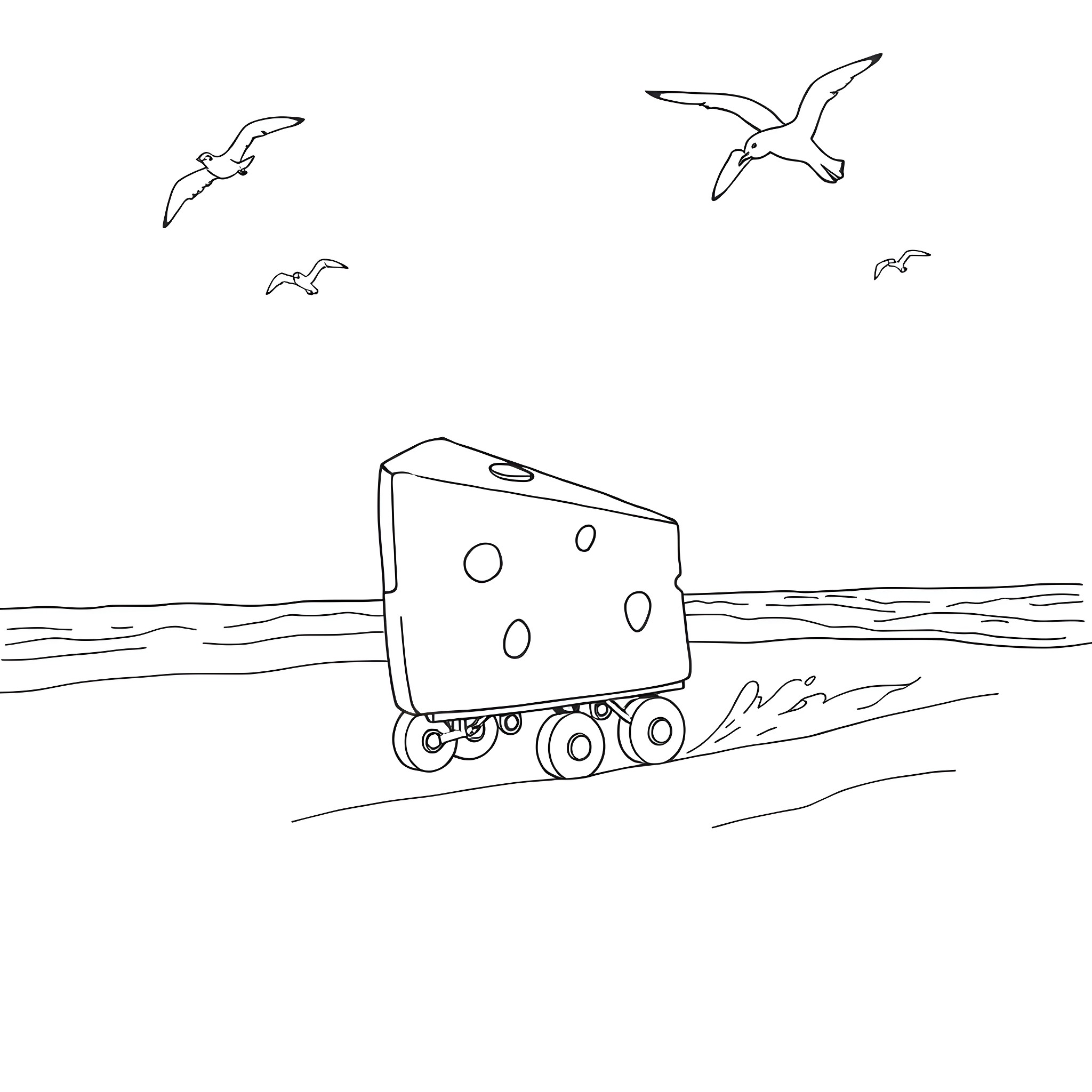 Cheese wedge on wheels by the seaside Coloring Page (free black-and-white line drawing printable PDF for all, from beginners to advanced learners, including children, teens, adults, and seniors)