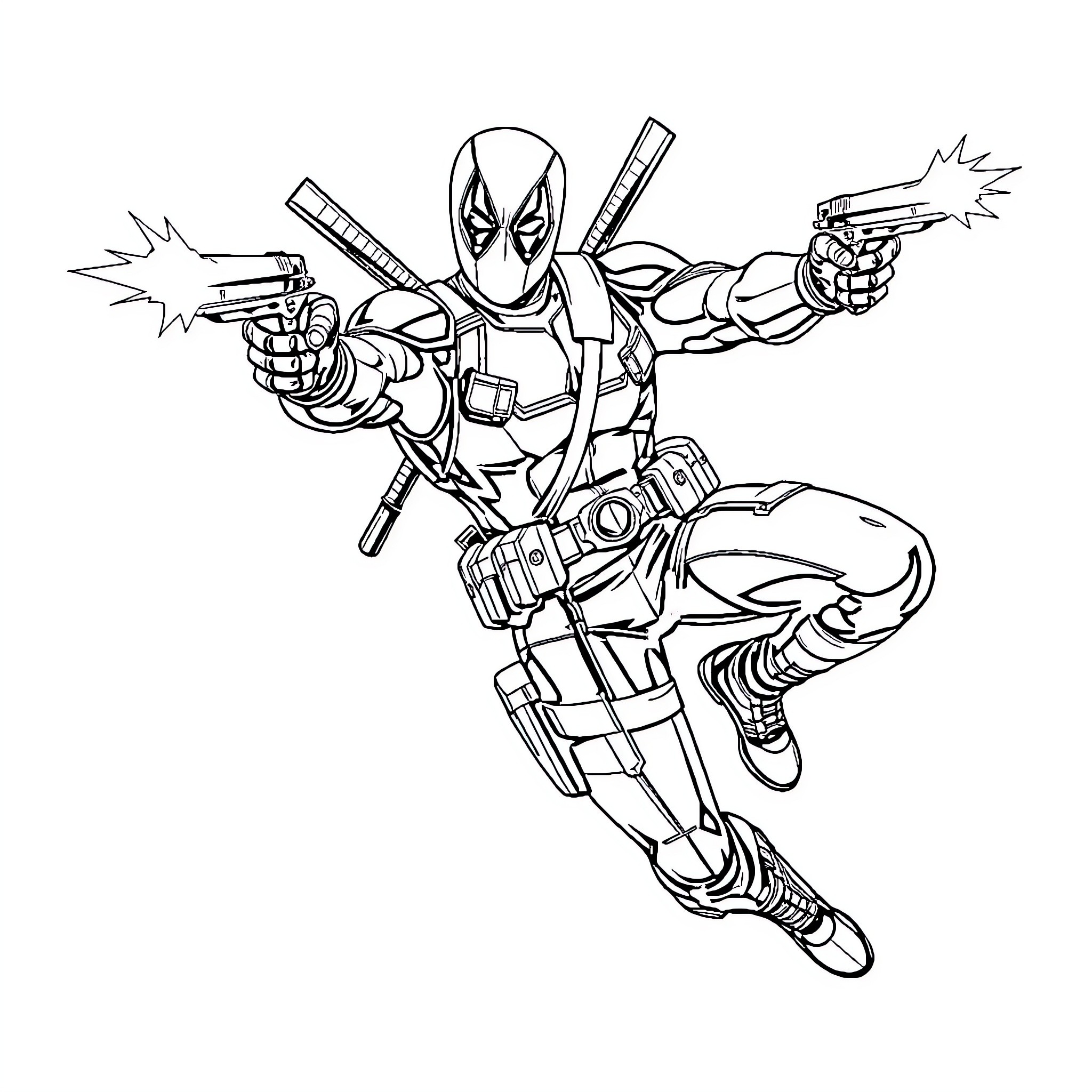Deadpool in action-packed combat pose Coloring Page (free black-and-white line drawing printable PDF for all, from beginners to advanced learners, including children, teens, adults, and seniors)