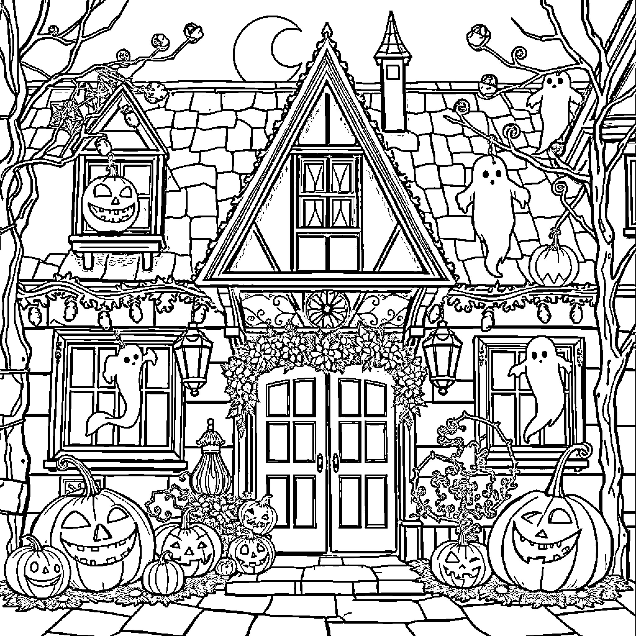 Heidelberg Halloween House Haunts and Merry Ghosts Coloring Page (free black-and-white line drawing printable PDF for all, from beginners to advanced learners, including children, teens, adults, and seniors)