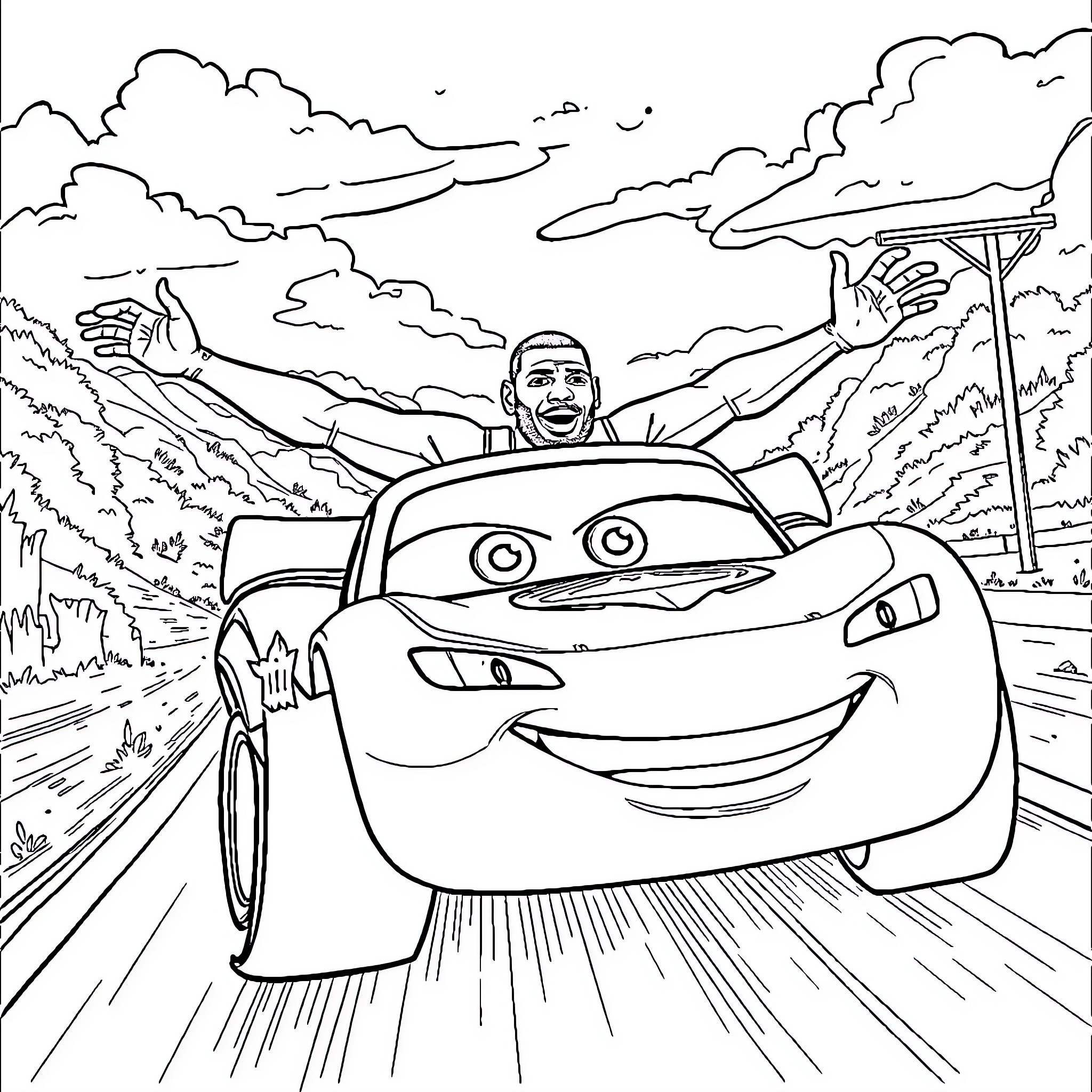 LeBron James enjoying a thrilling car ride Coloring Page (free black-and-white line drawing printable PDF for all, from beginners to advanced learners, including children, teens, adults, and seniors)