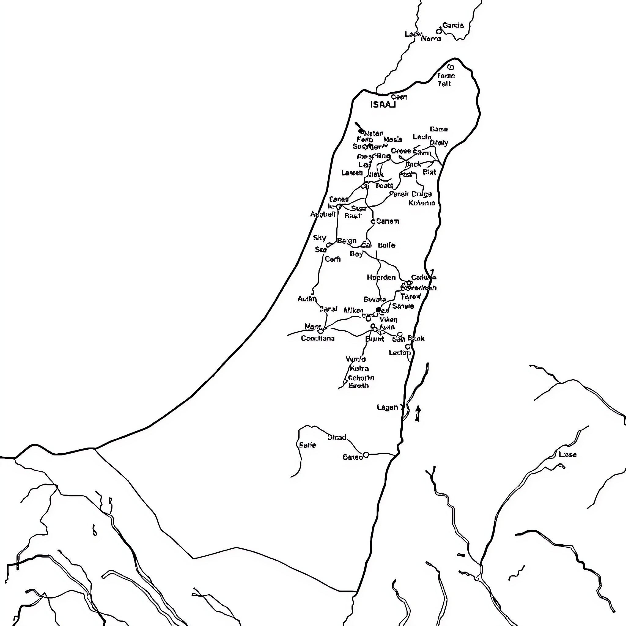 Israel's Detailed Geographical Map with Regions Coloring Page (free black-and-white line drawing printable PDF for all, from beginners to advanced learners, including children, teens, adults, and seniors)