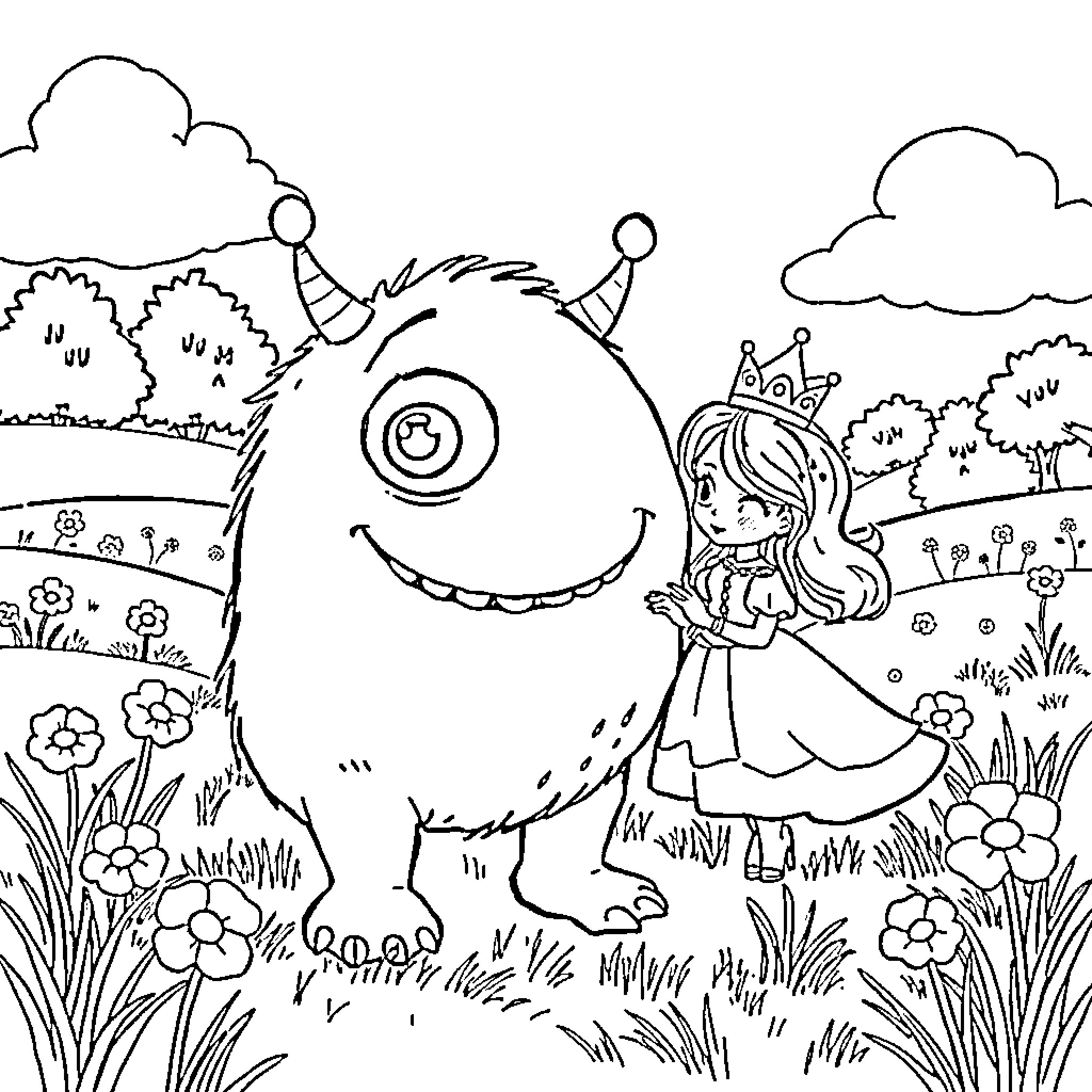 Monster dancing with a princess in a whimsical meadow Coloring Page (free black-and-white line drawing printable PDF for all, from beginners to advanced learners, including children, teens, adults, and seniors)