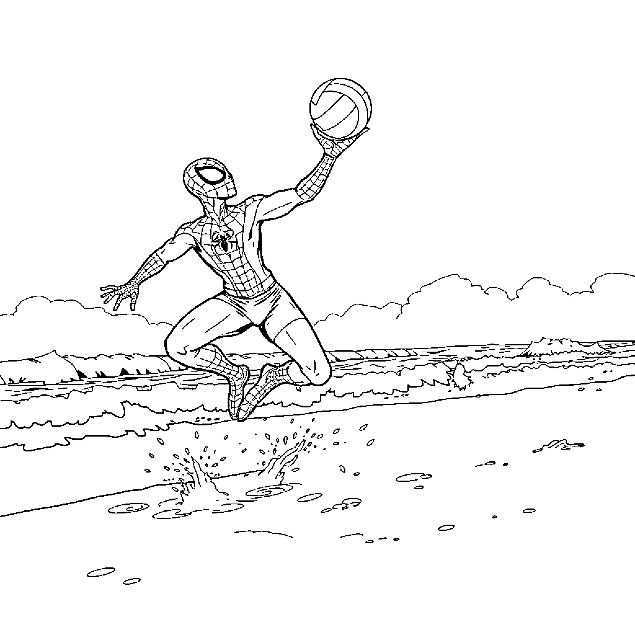 Spiderman leaping into action over the city Coloring Page (free black-and-white line drawing printable PDF for all, from beginners to advanced learners, including children, teens, adults, and seniors)