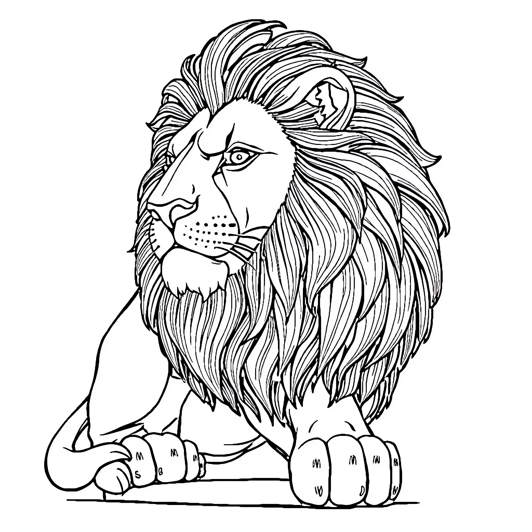 Lion with Majestic Mane Sitting Regally Coloring Page (free black-and-white line drawing printable PDF for all, from beginners to advanced learners, including children, teens, adults, and seniors)