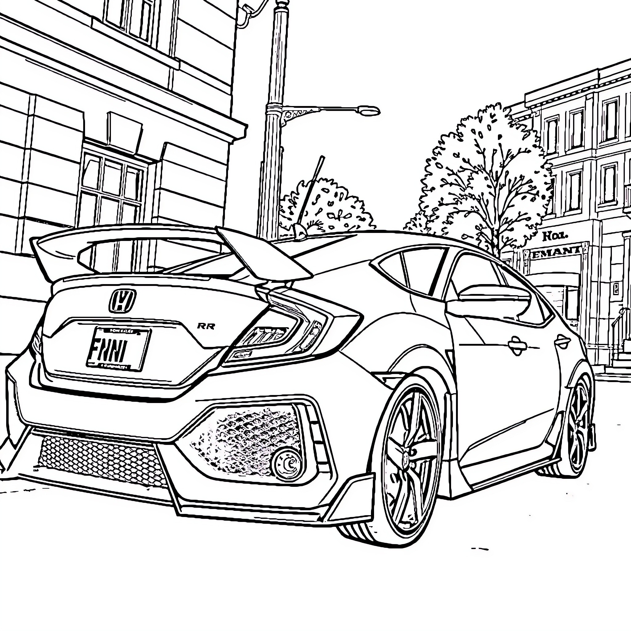 Car parked on a city street Coloring Page (free black-and-white line drawing printable PDF for all, from beginners to advanced learners, including children, teens, adults, and seniors)