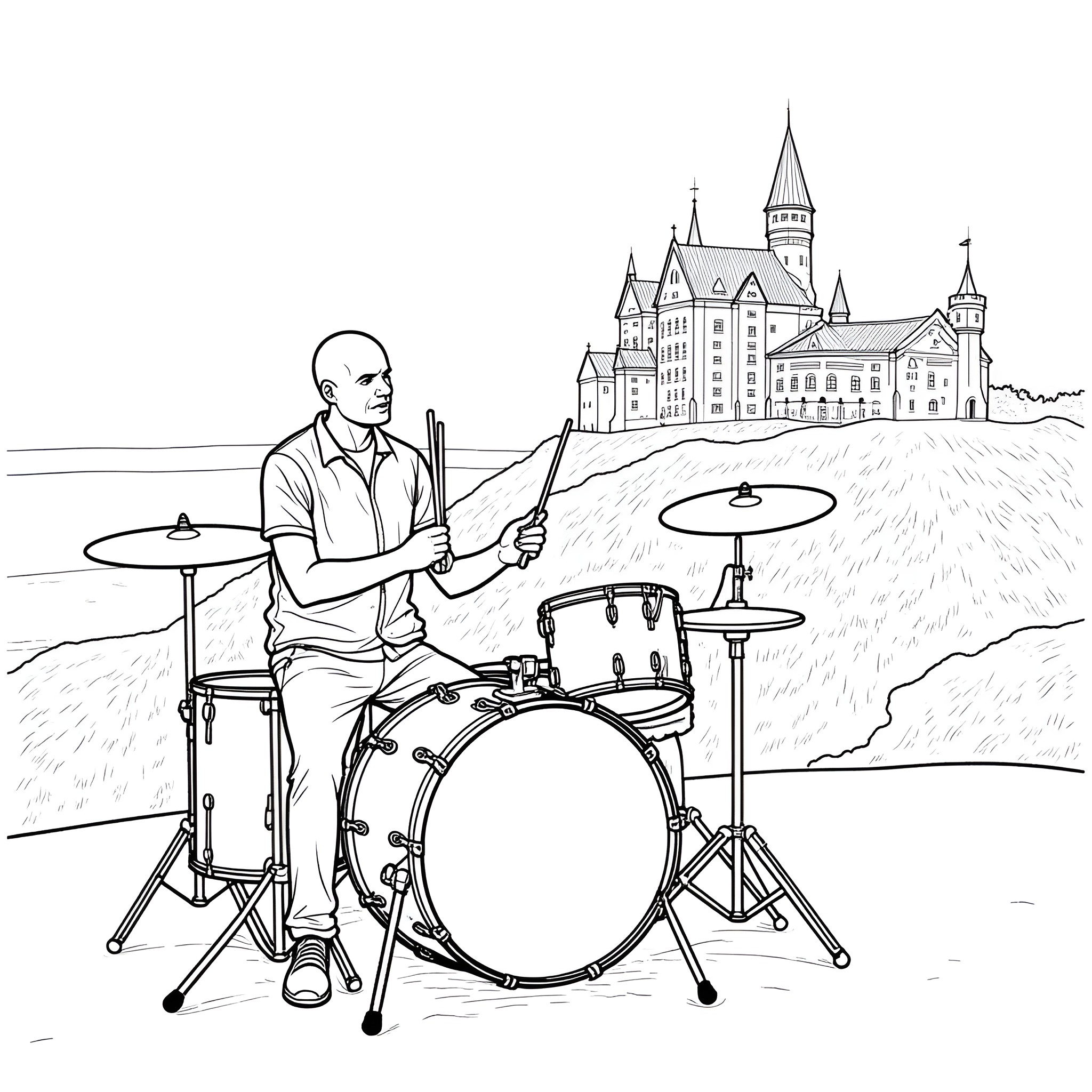 Bald Guy Playing Drums in Front of Castle Coloring Page (free black-and-white line drawing printable PDF for all, from beginners to advanced learners, including children, teens, adults, and seniors)