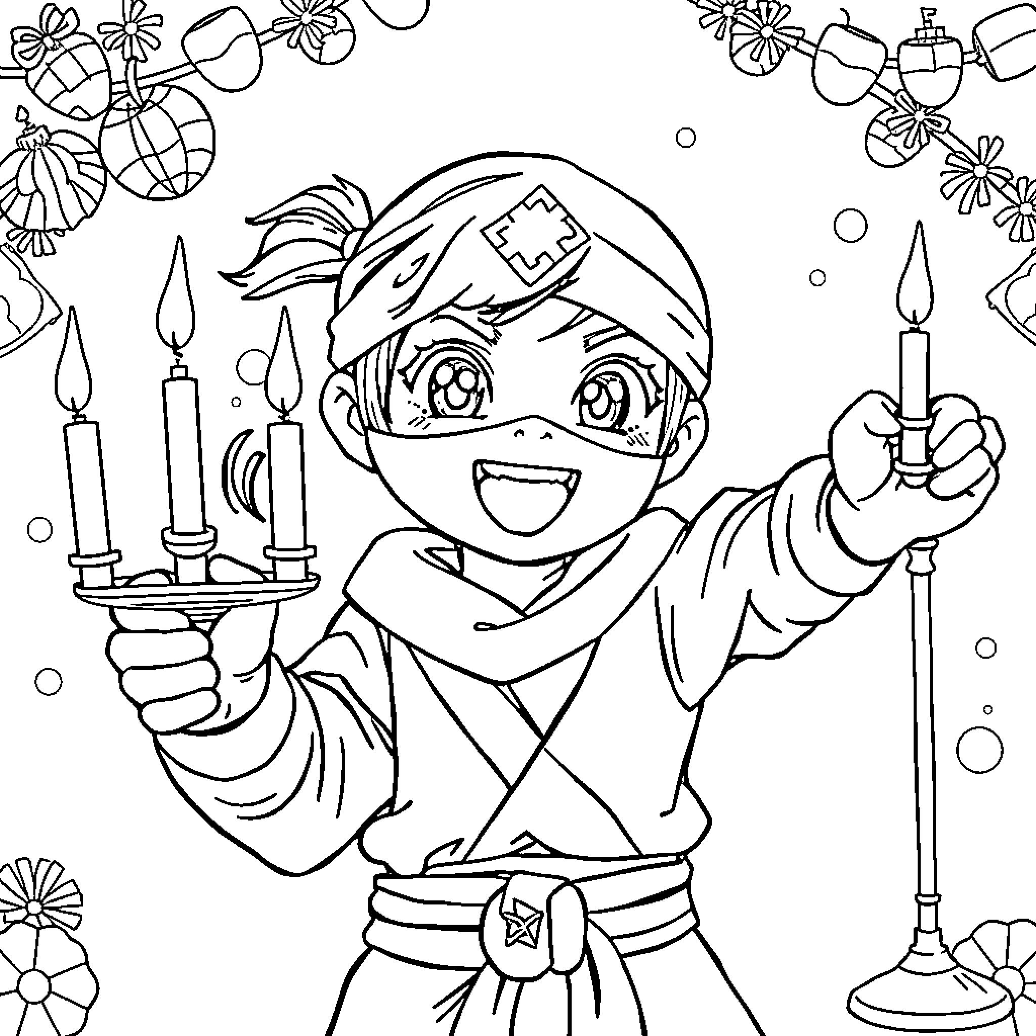 Ninja Boy Lighting Candles Joyfully Coloring Page (free black-and-white line drawing printable PDF for all, from beginners to advanced learners, including children, teens, adults, and seniors)