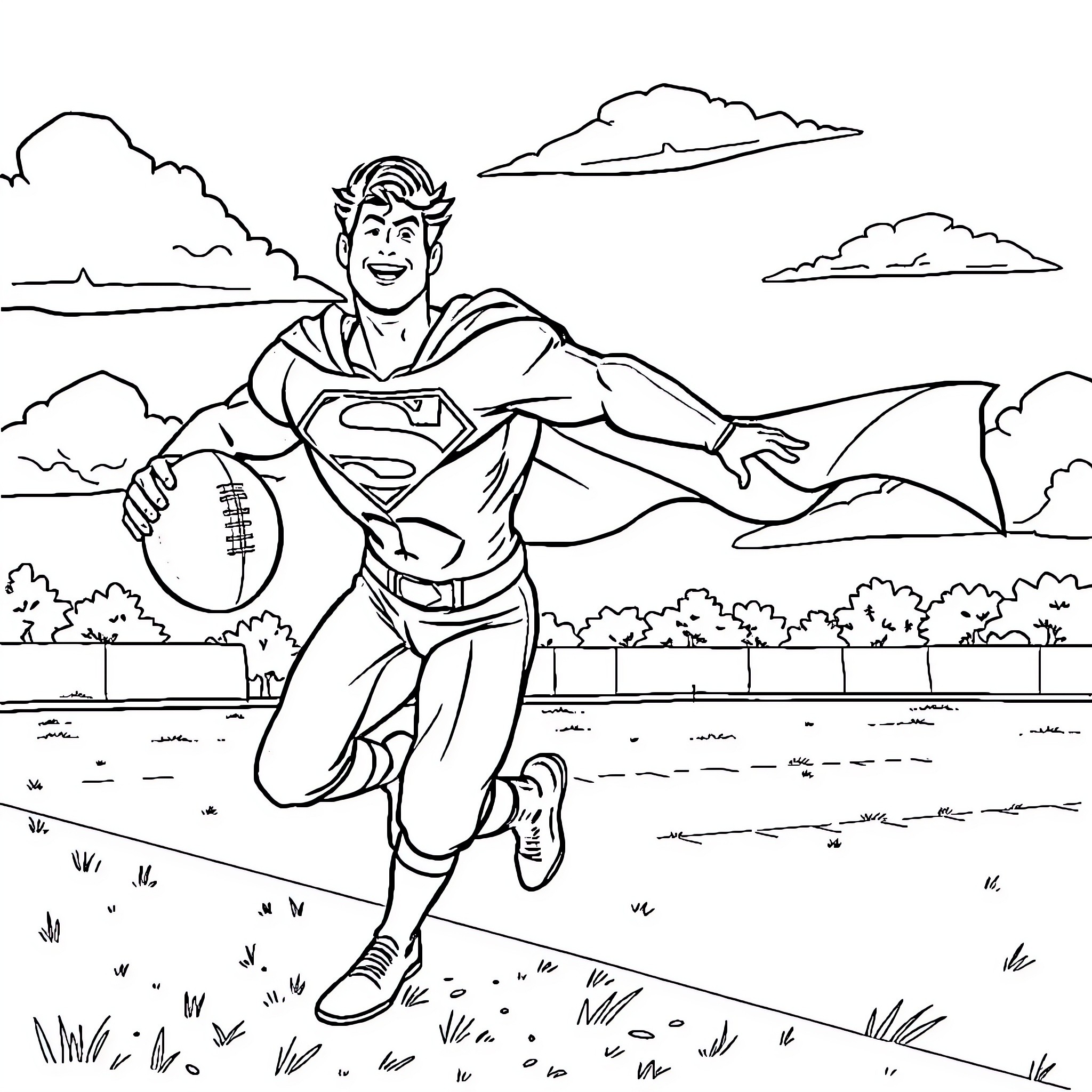Superman flying heroically in the sky Coloring Page (free black-and-white line drawing printable PDF for all, from beginners to advanced learners, including children, teens, adults, and seniors)