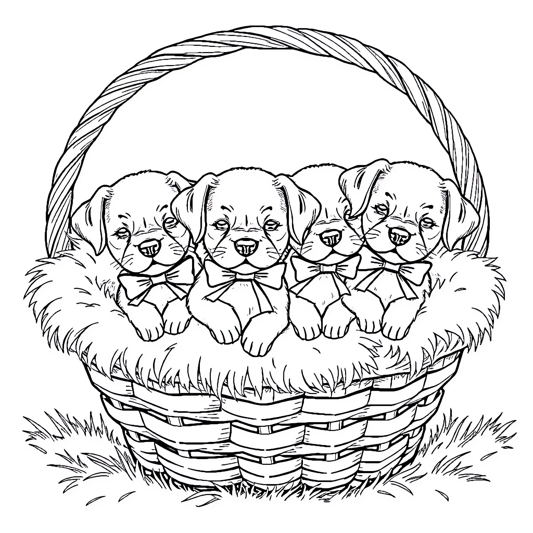 Dog Puppies Cuddling in Basket Coloring Page (free black-and-white line drawing printable PDF for all, from beginners to advanced learners, including children, teens, adults, and seniors)