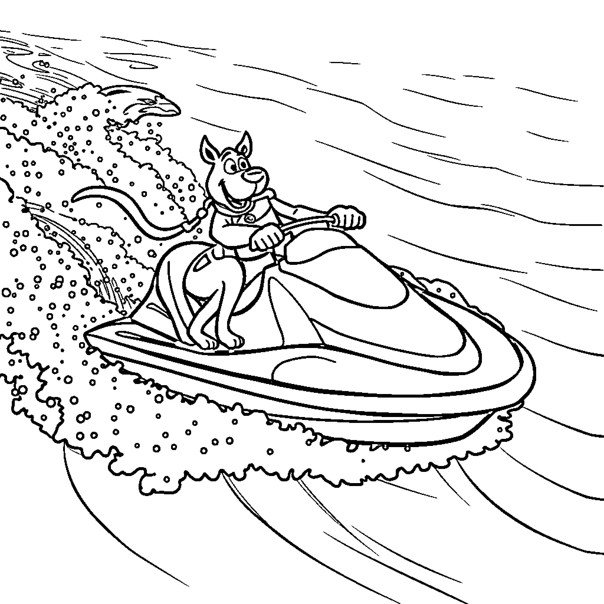 Scooby Doo riding a jet ski through waves Coloring Page (free black-and-white line drawing printable PDF for all, from beginners to advanced learners, including children, teens, adults, and seniors)