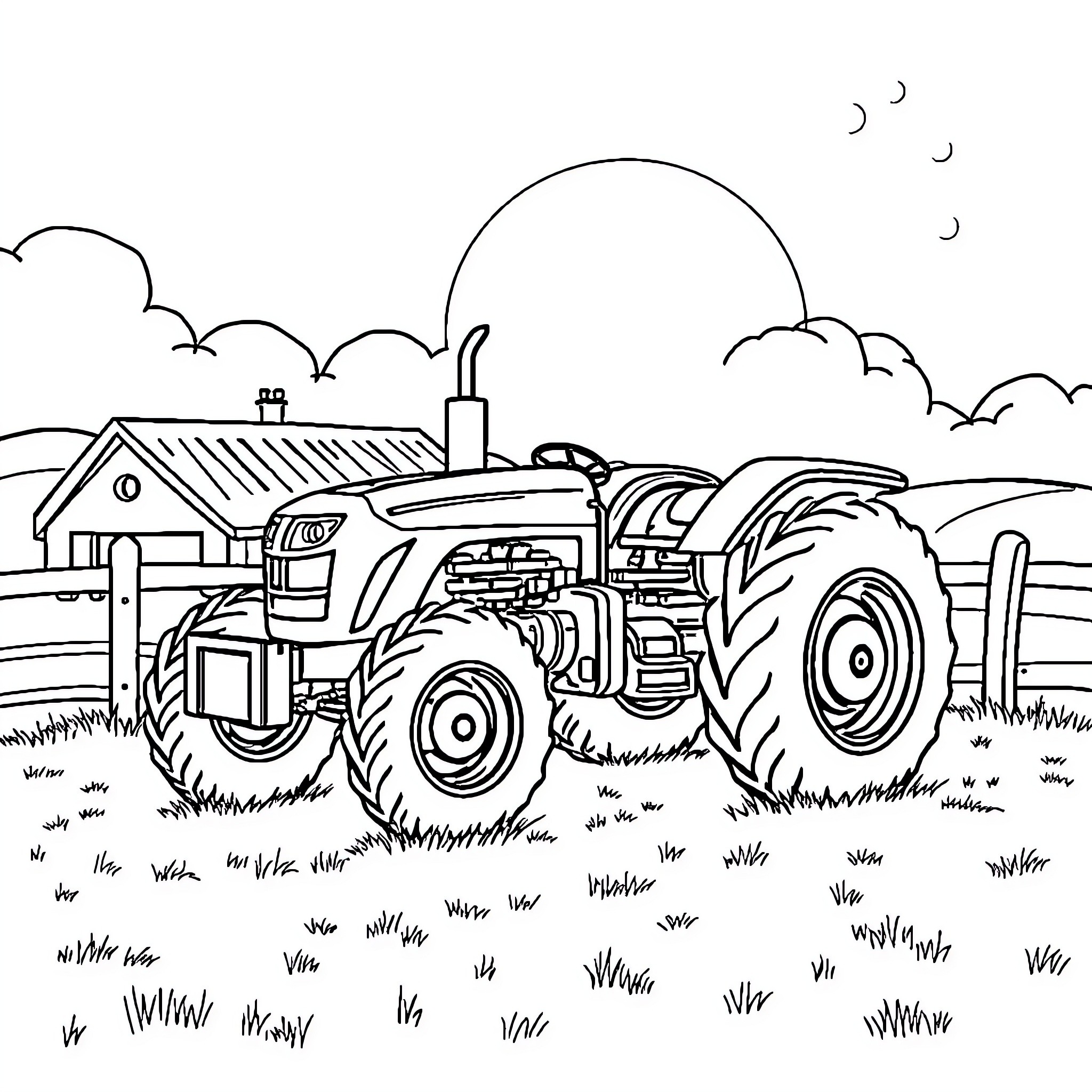 Tractor plowing the field under a starry night sky Coloring Page (free black-and-white line drawing printable PDF for all, from beginners to advanced learners, including children, teens, adults, and seniors)