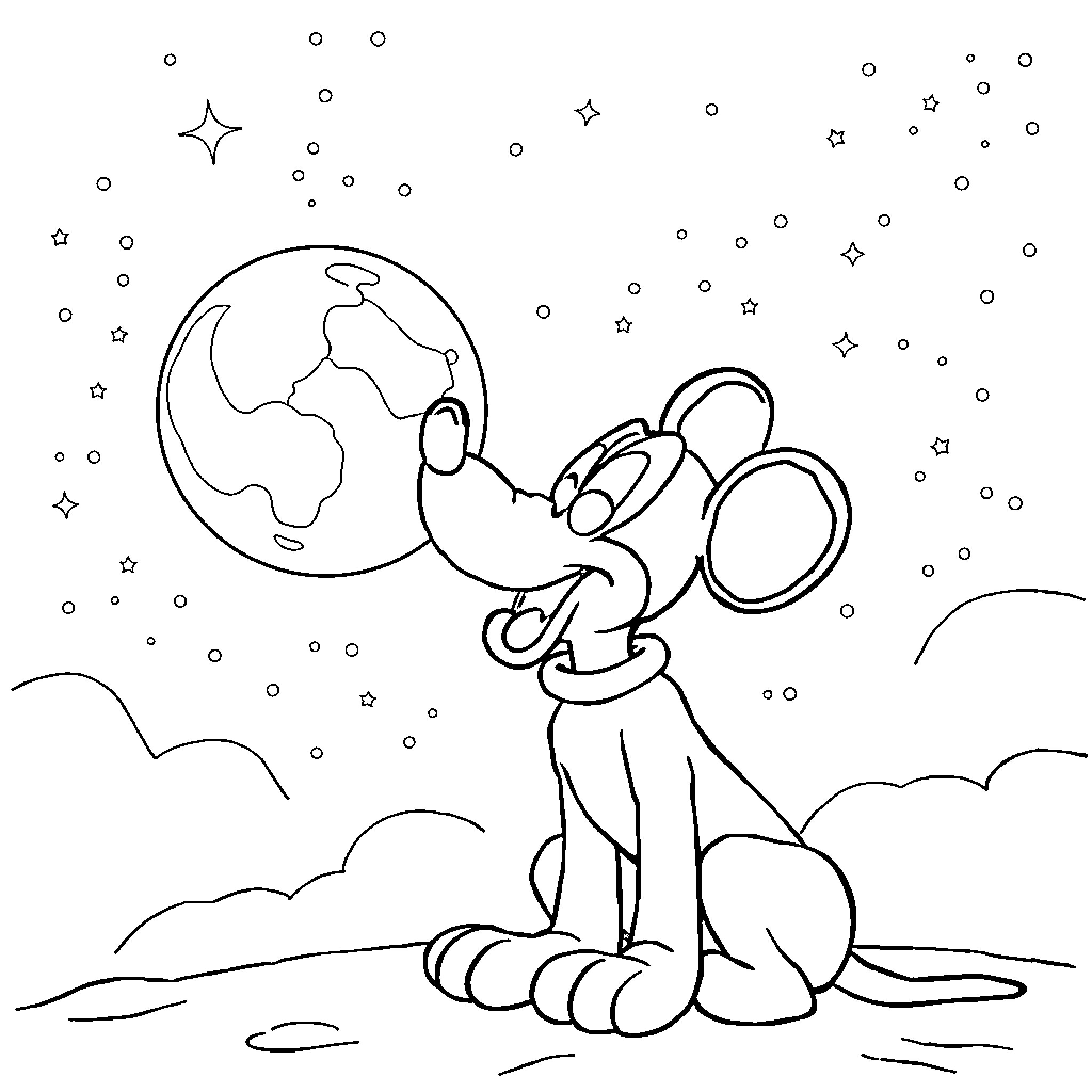 Pluto exploring the wonders of the night sky Coloring Page (free black-and-white line drawing printable PDF for all, from beginners to advanced learners, including children, teens, adults, and seniors)
