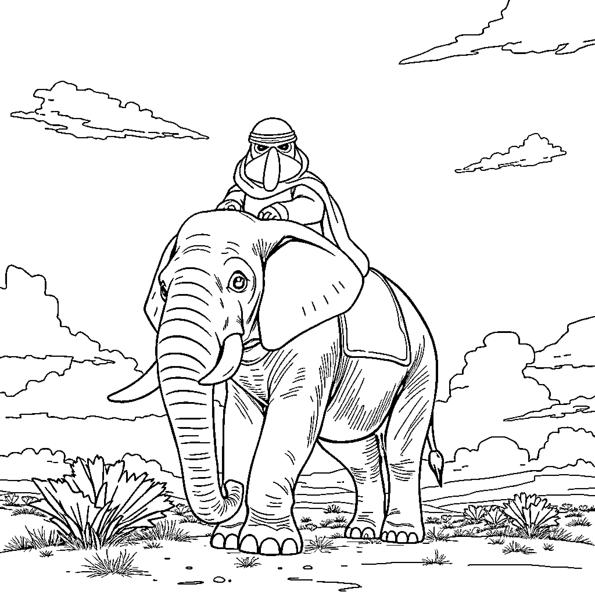Grogu riding atop a majestic elephant in a serene landscape Coloring Page (free black-and-white line drawing printable PDF for all, from beginners to advanced learners, including children, teens, adults, and seniors)