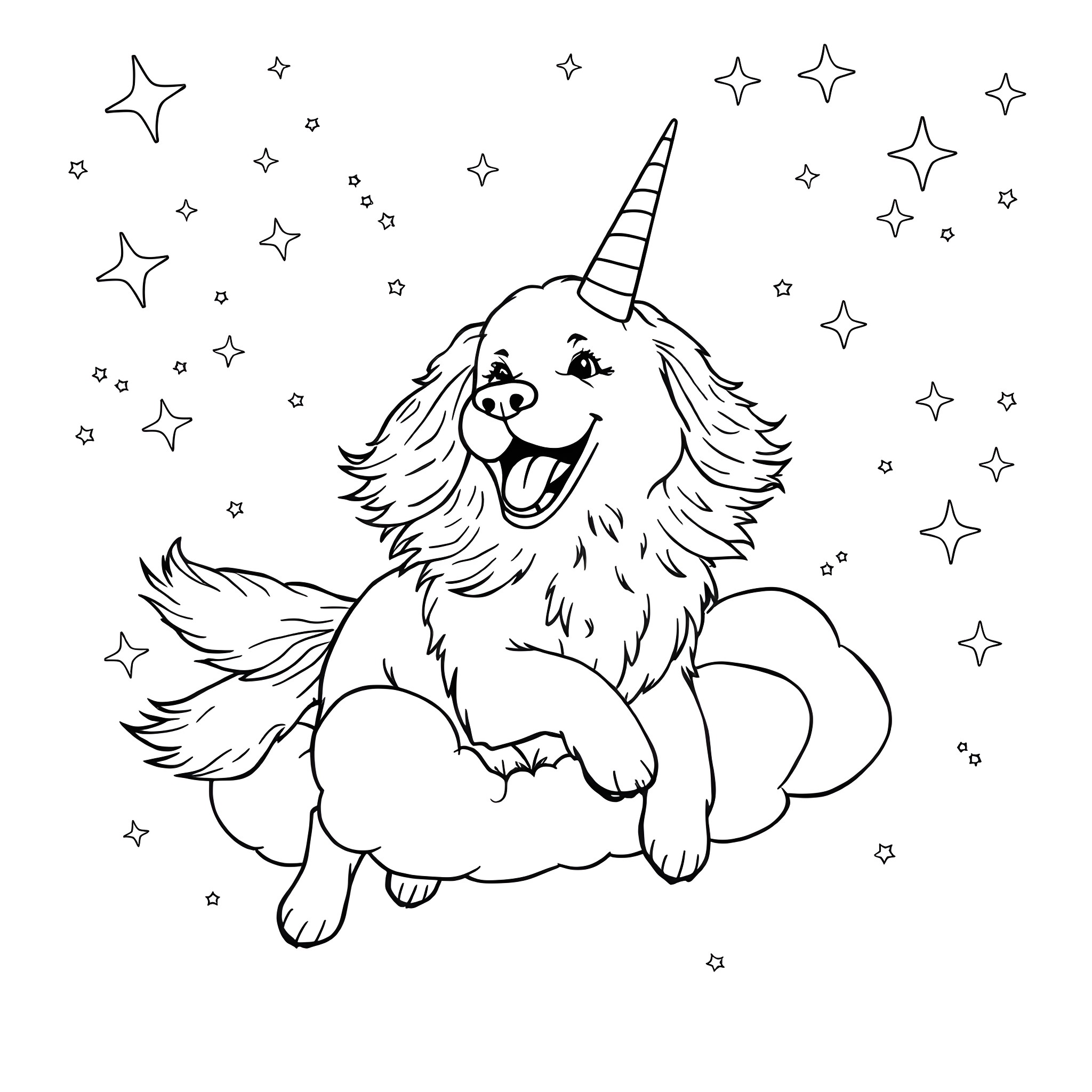 Golden Retriever unicorn playing among the stars Coloring Page (free black-and-white line drawing printable PDF for all, from beginners to advanced learners, including children, teens, adults, and seniors)